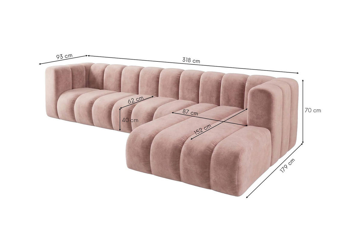 ECKSOFA Modulares In L-Form, Velvet-Stoff Riviera, Hellrosa, Rechts, GRAND 318 cm - Hellrosa, Holz (318/179cm) - Kaiser Möbel