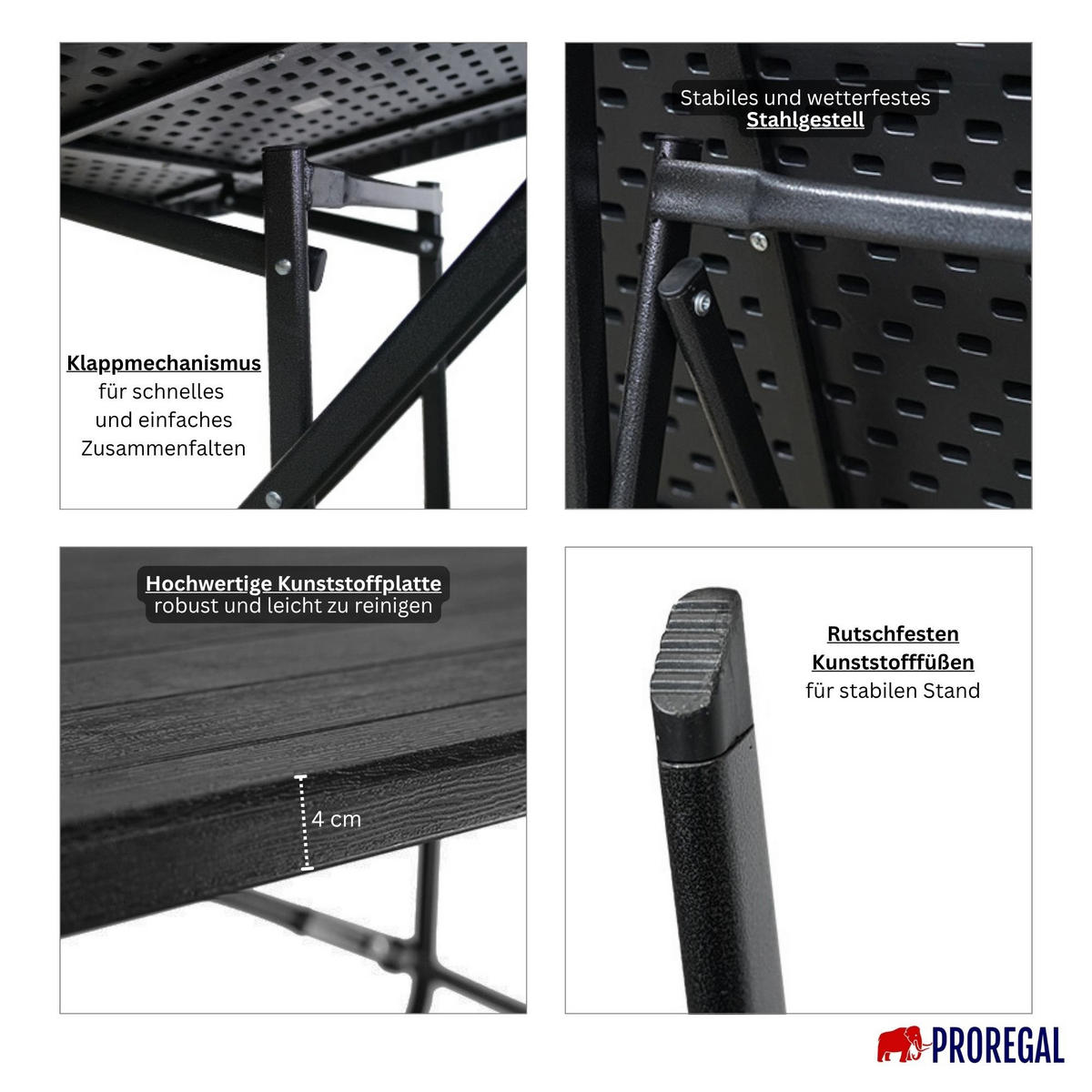 BALKONTISCH klappbar 78x78cm wetterfest 4 Personen Kunststoff Holz Optik Schwarz - Schwarz, Kunststoff (78/78/73cm) - CHEFGASTRO