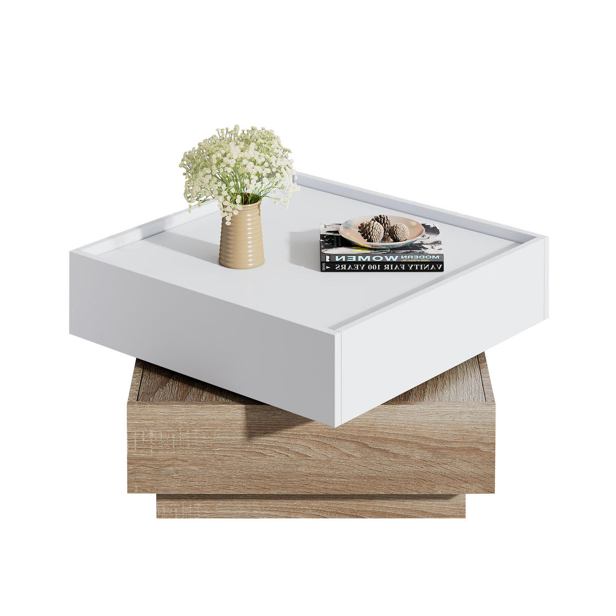 COUCHTISCH, 360° drehbar, Weiß/Walnuss mit Furnier, 2 Schubladen, 60/60/38 cm,Weiß - Weiß, Holzwerkstoff (60/60/38cm) - Redom