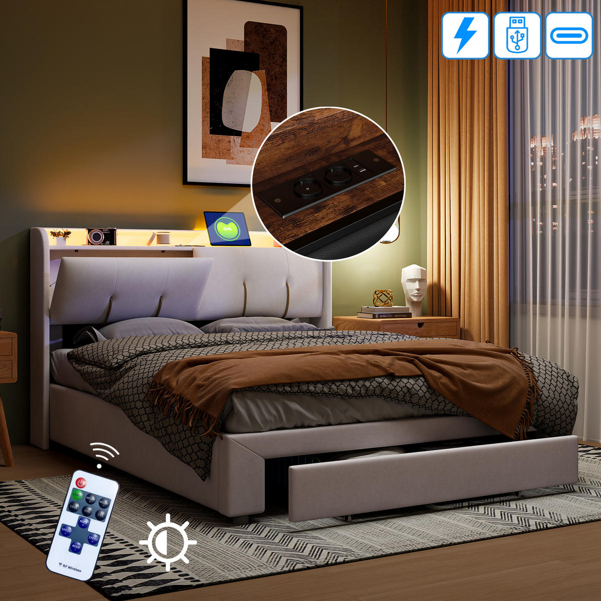 STAURAUMBETT 160x200 cm mit USB-Ladestation LED-Beleuchtung& Bettkasten, Samt - Weiß, Holz/Metall (160/200cm) - PARAFTA HOME
