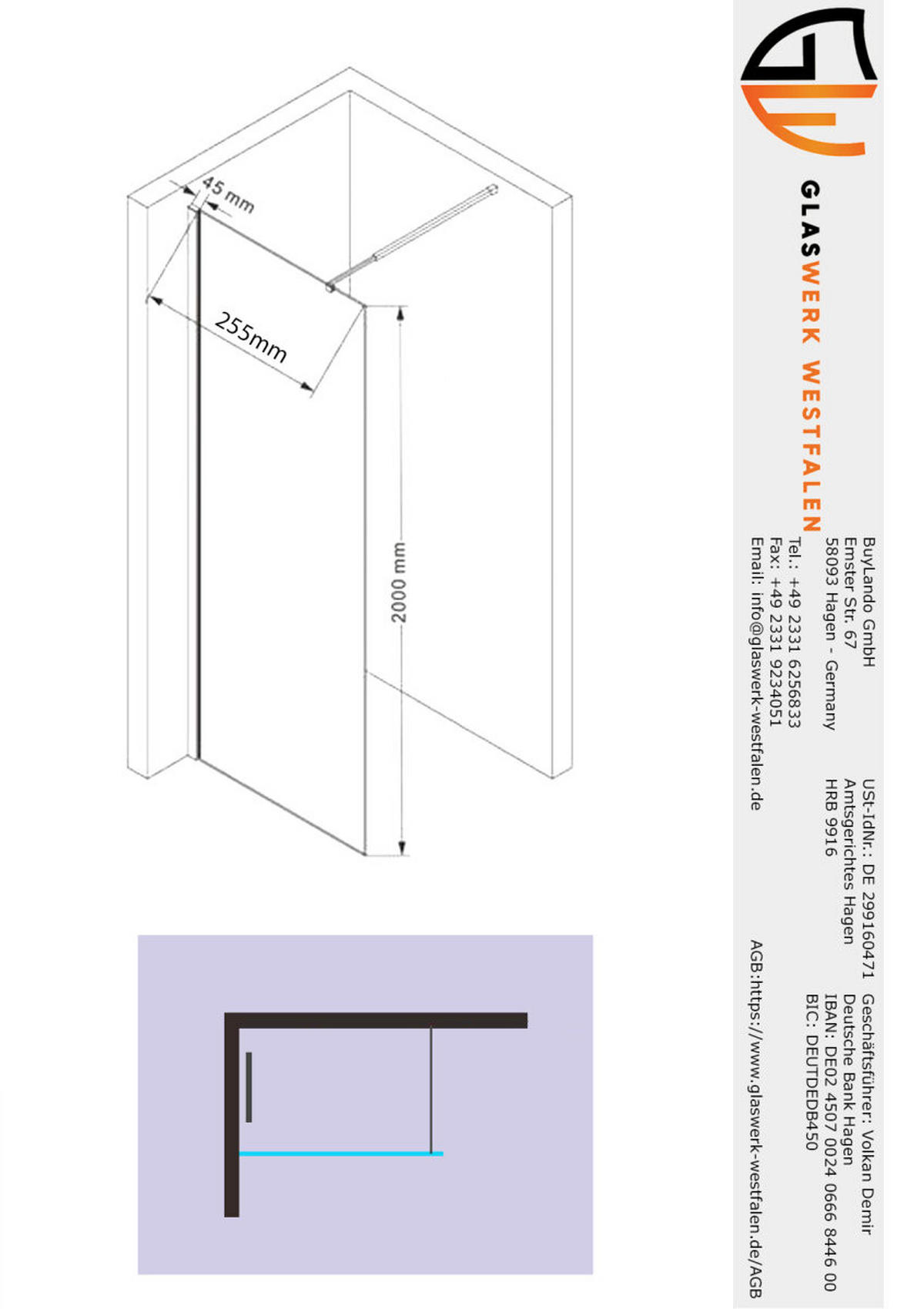 WALK-IN-DUSCHWAND 30 × 200 cm – ESG-Sicherheitsglas – Gold - Goldfarben, Glas (10/30/200cm) -  Glaswerk Westfalen