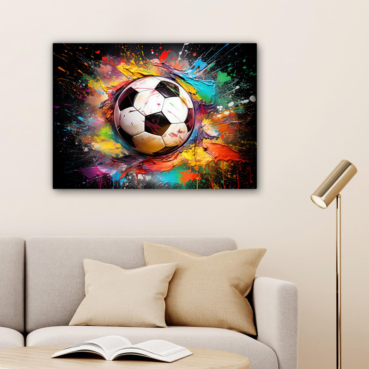LEINWANDBILD Fußball - Farbe - Farben - Schwarz - Weiß Wandbilder 80x60 cm - Weiß, Textil (80/60cm) - MuchoWow