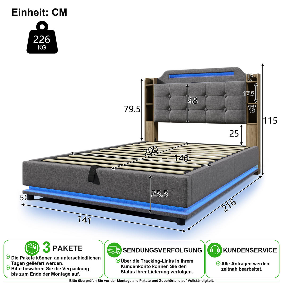 ČALOUNĚNÁ POSTEL 140/200 cm v šedé barvě ze lnu s LED, USB, Type-C a úložným prostorem - šedá, kov/kompozitní dřevo (140/200cm) - CHICFURN