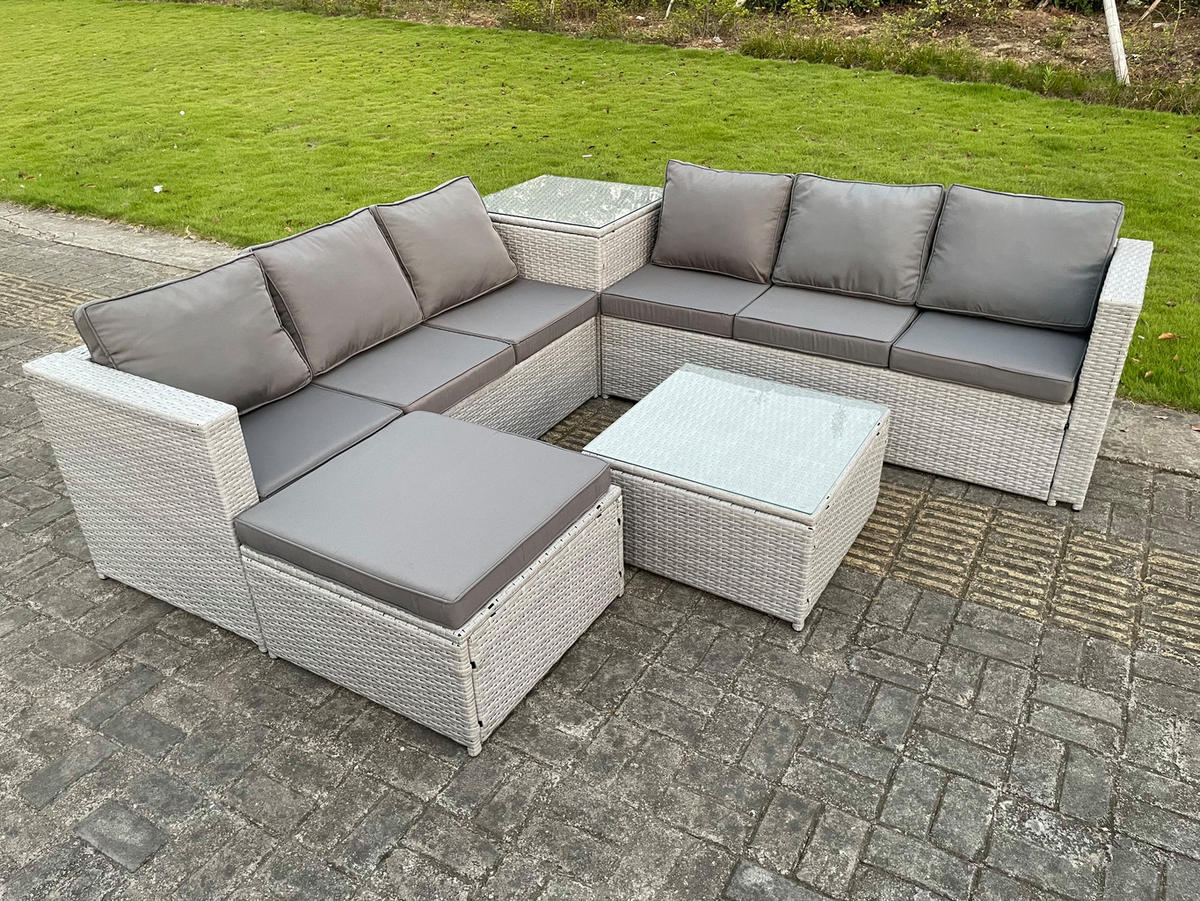 GARTENMÖBEL SET mit Couchtisch Polyrattan Helles Grau 7-Sitzer - Hellgrau, Metall - Fimous