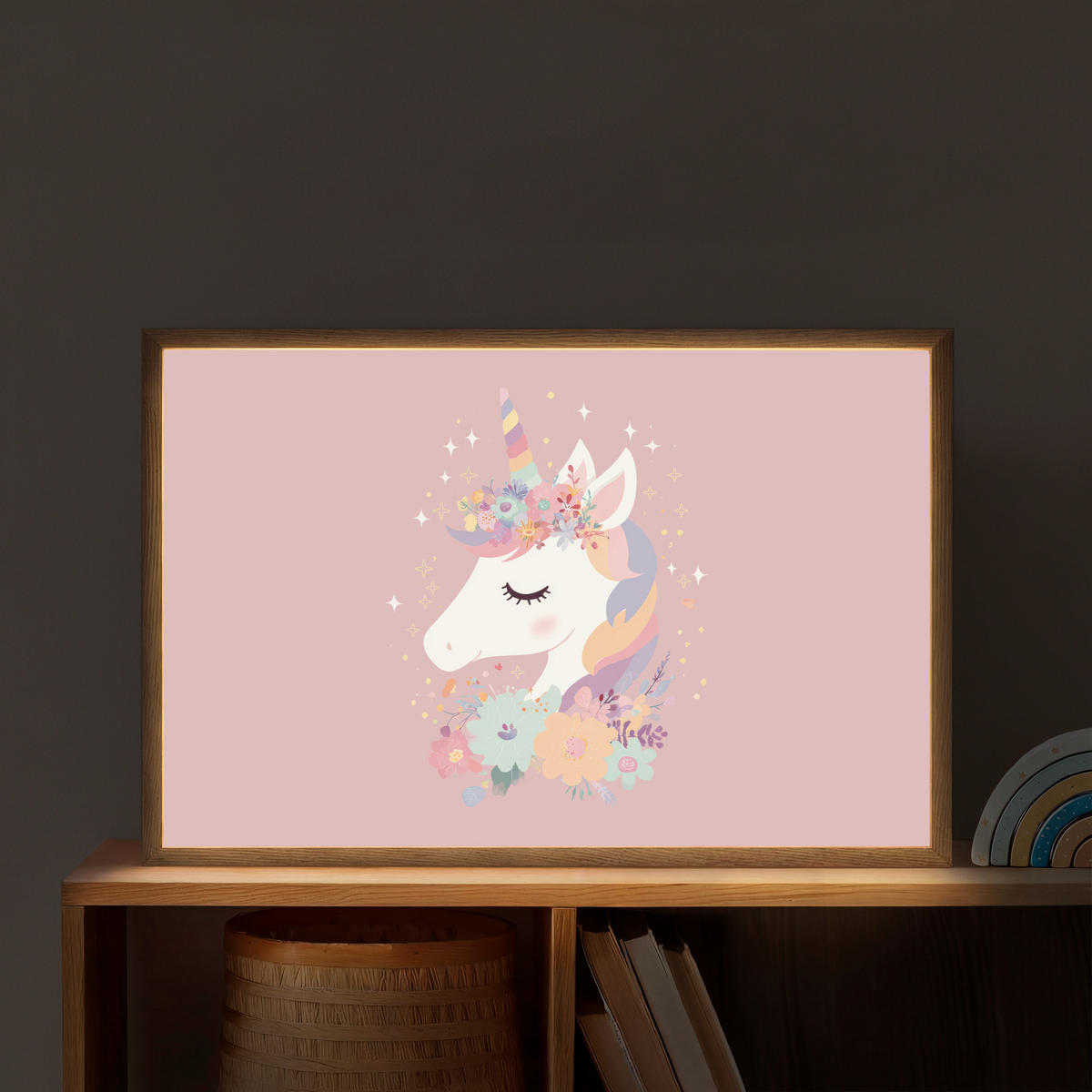 DOBÍJECÍ NOČNÍ LAMPIČKA Jednorožec - růžová - květiny 60x40 cm - růžová, kompozitní dřevo (8/60/40cm) - OnlyWow