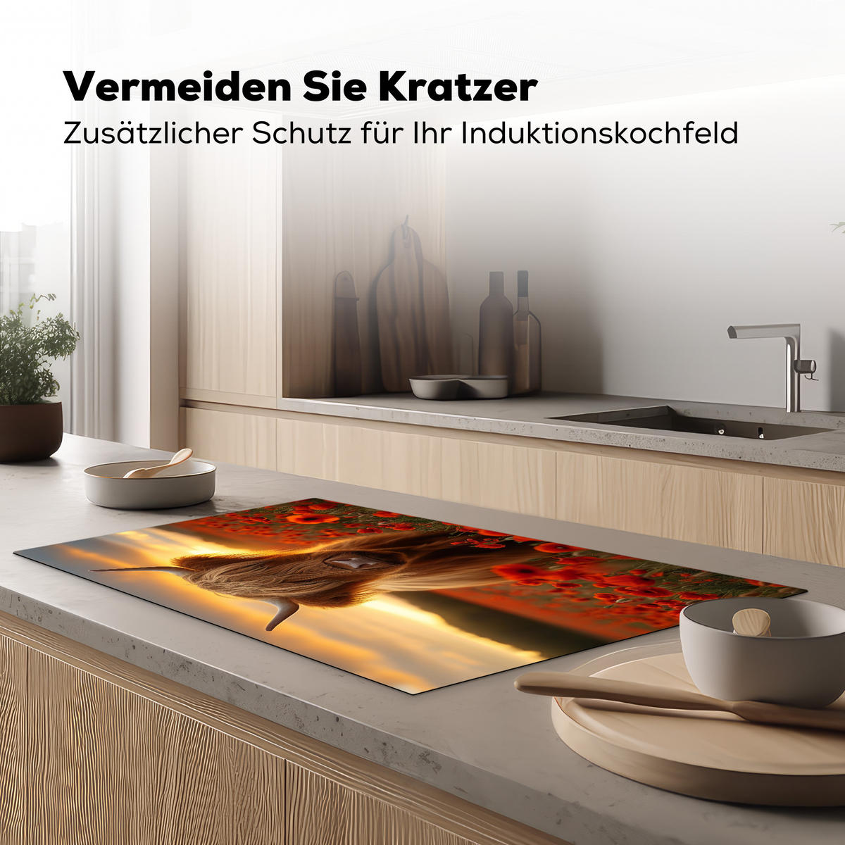 HERDABDECKPLATTE Schottische Highlander - Rosen - Blumenfeld - Sonnenuntergang Induktionsschutz 91.2x52 cm - Rotbraun, Kunststoff (91.2/52/0.2cm) - MuchoWow