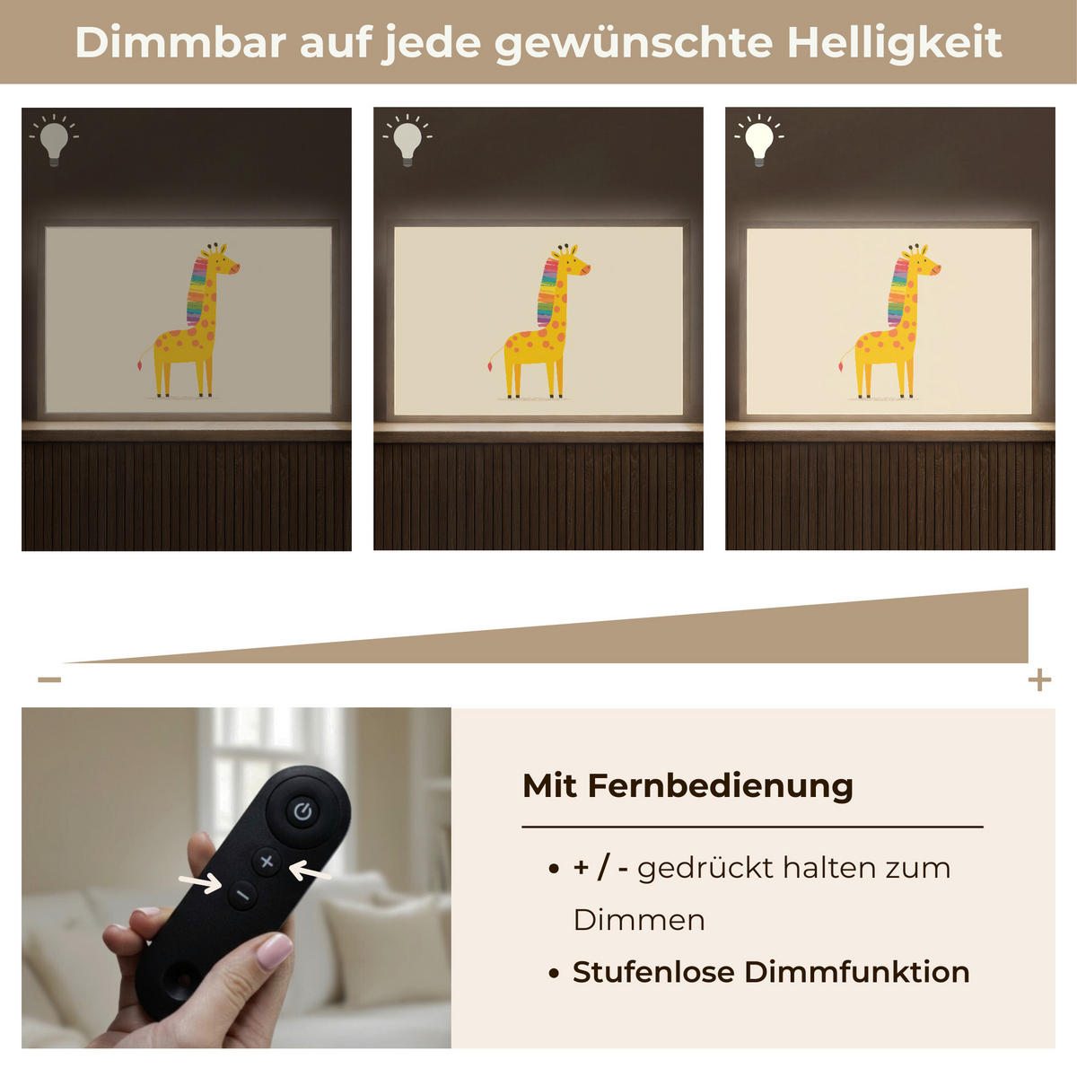 NÁSTĚNNÁ LAMPA S AKUMULÁTOREM Žirafa - Duhová hříva - béžová 60x40 cm - béžová, kompozitní dřevo (60/40/8cm) - OnlyWow