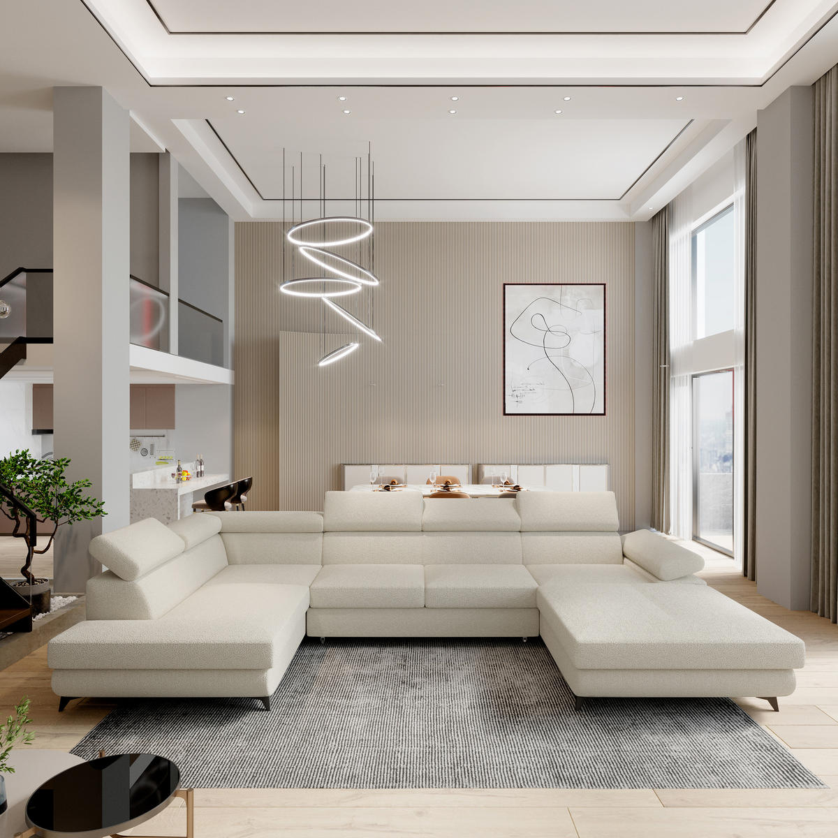 ROHOVÁ SEDAČKA RUBANO krémová - černá/krémová, kov/dřevo (339/190cm) - MASSENO