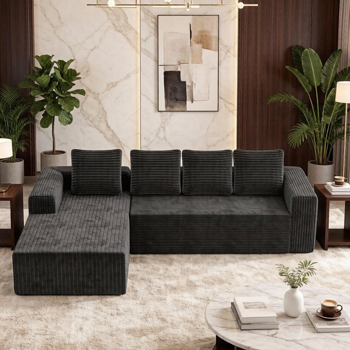 ECKSOFA Cord Grau Ohne Montage - Grau, Textil (261/168cm) - WISHDOR