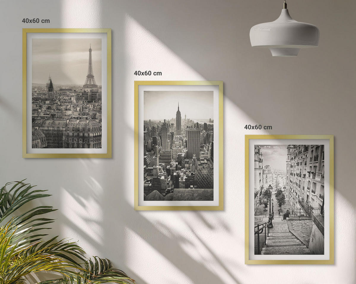 WANDBILDER 3er Set - 40x60 cm Goldrahmen - Aussicht Paris New York Treppen - Goldfarben, Kunststoff (40/60cm) - ArtPrintCave