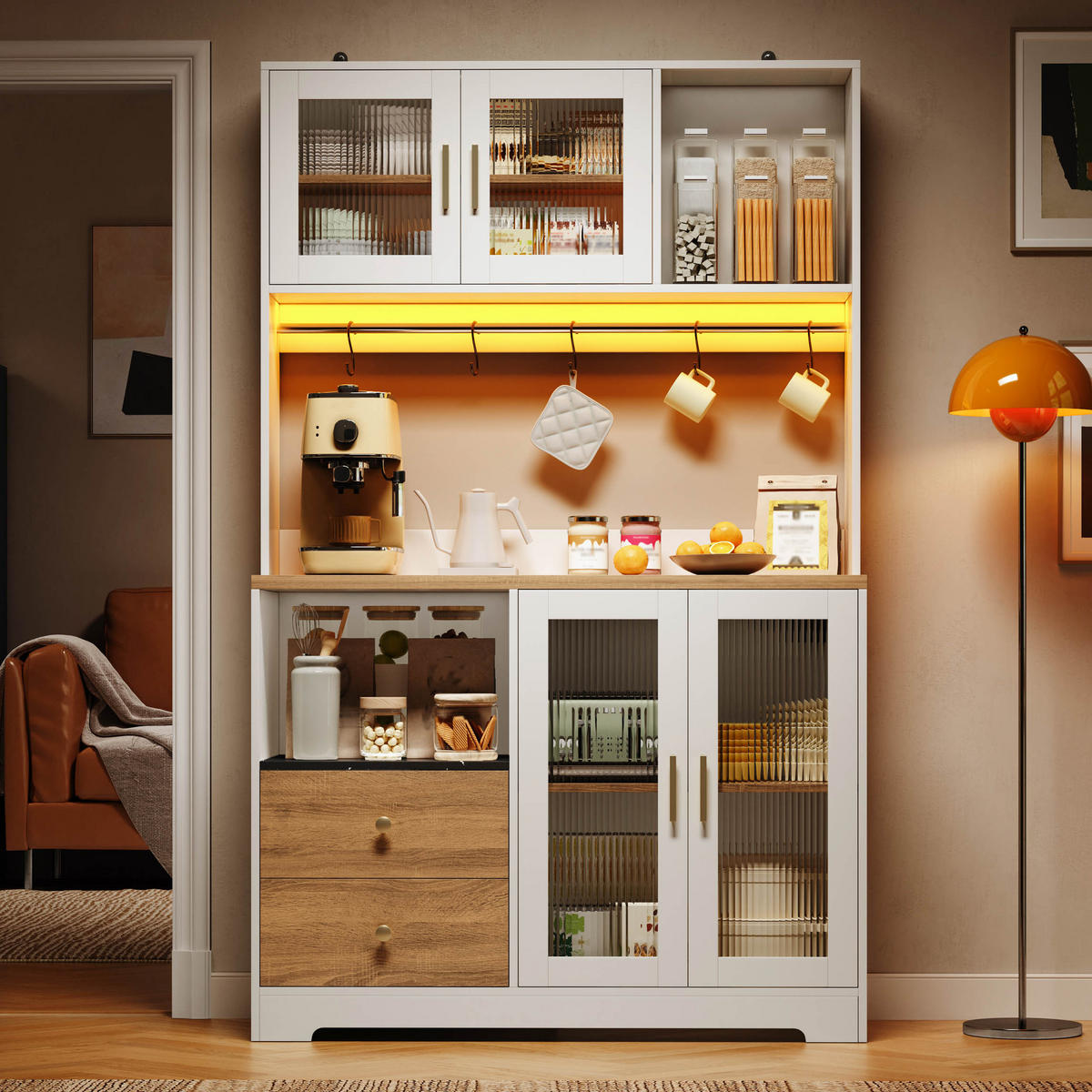 BUFFET 178 cm MDF Natur Weiß mit RGB-LED, Weinregal und Glasfront - Weiß, Holzwerkstoff (40/178/110cm) - Korfee
