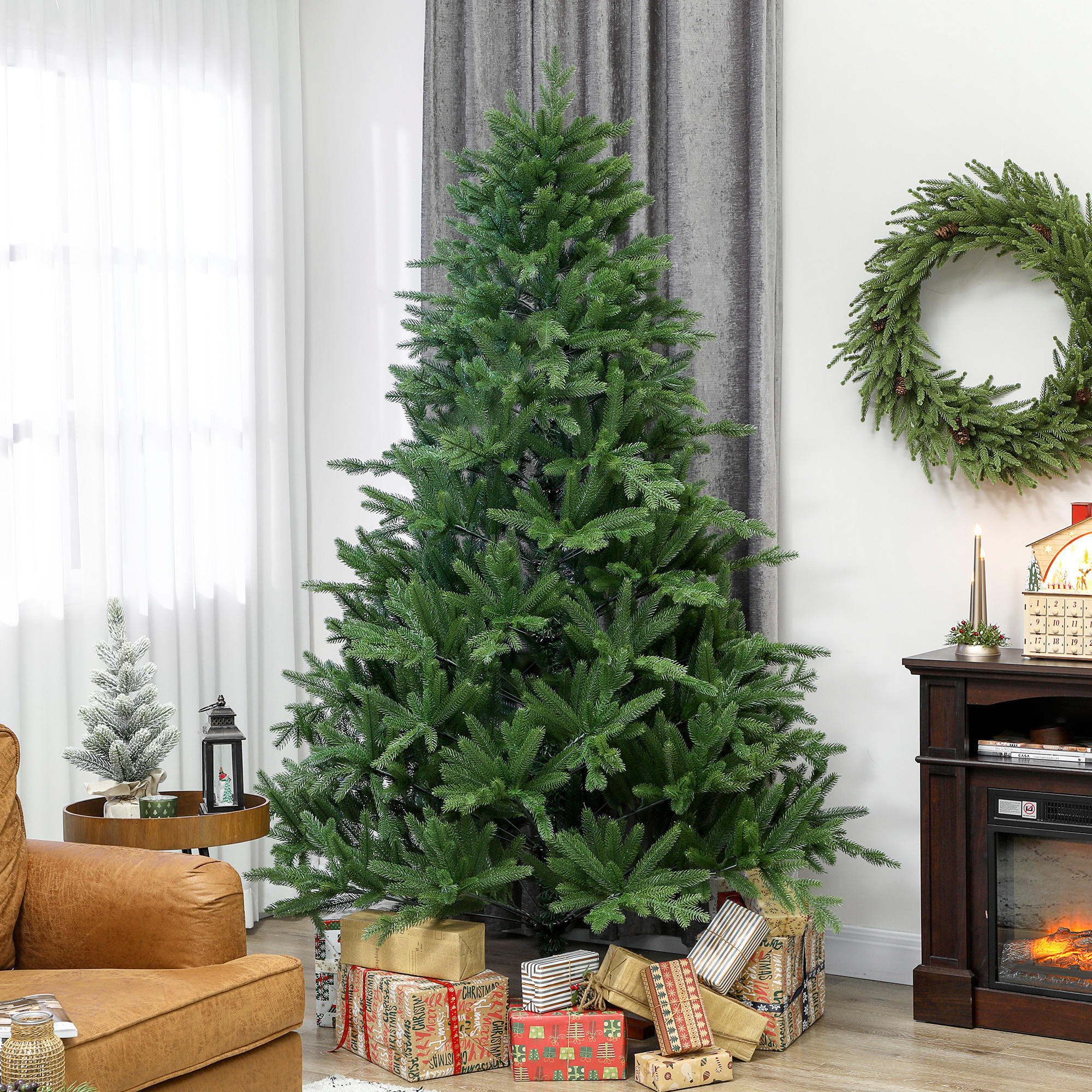 WEIHNACHTSBAUM künstlich 210 cm Christbaum mit 1105 Zweigen, Kiefernholzsockel - Grün, Kunststoff (210cm) - HOMCOM