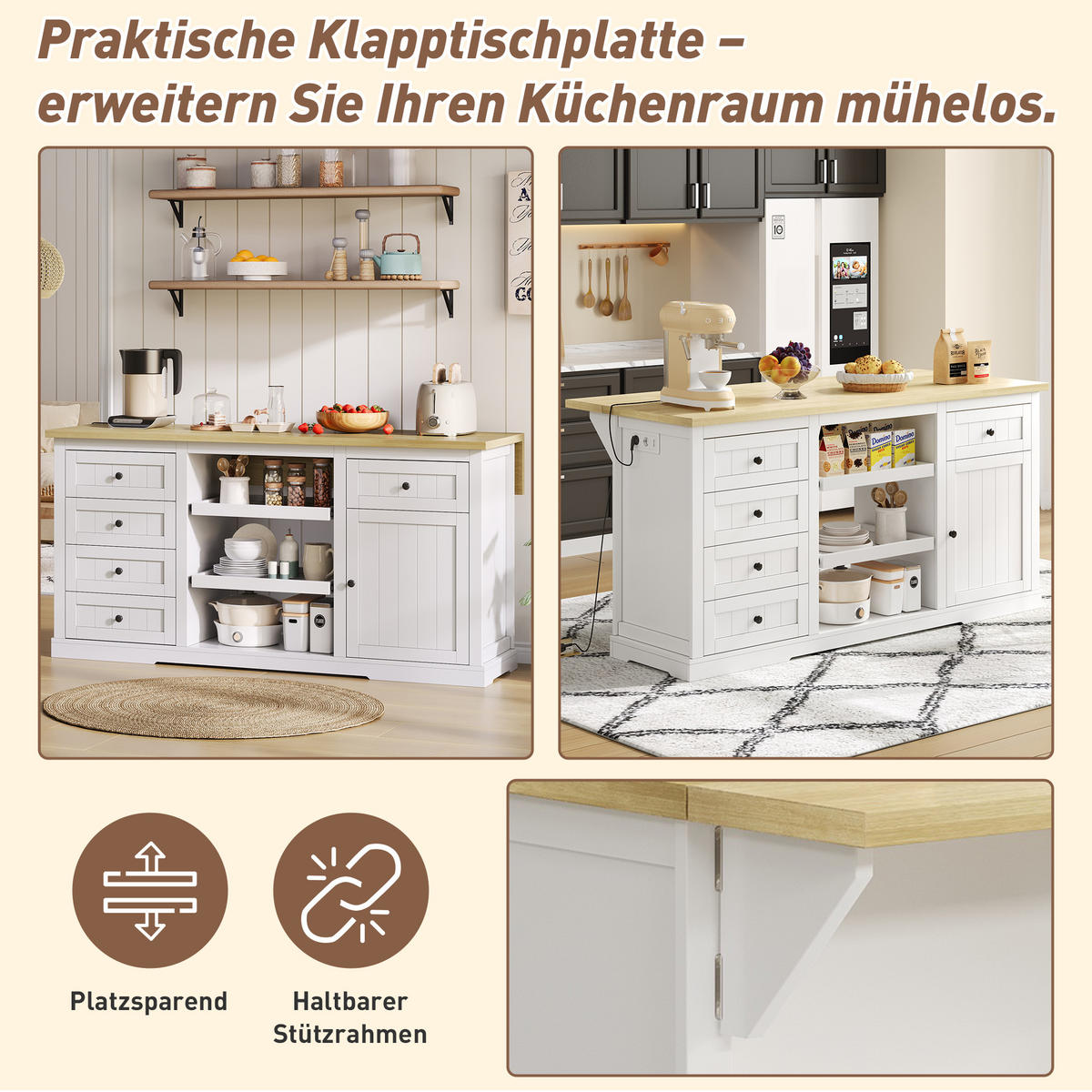 SIDEBOARD in Weiß Kücheninsel mit Schubladen und Ausziehböden für Küche, Esszimmer und Wohnzimmer, B150/T65/H75 cm - Weiß, Holzwerkstoff (150/75.5/65cm) - STILVORA