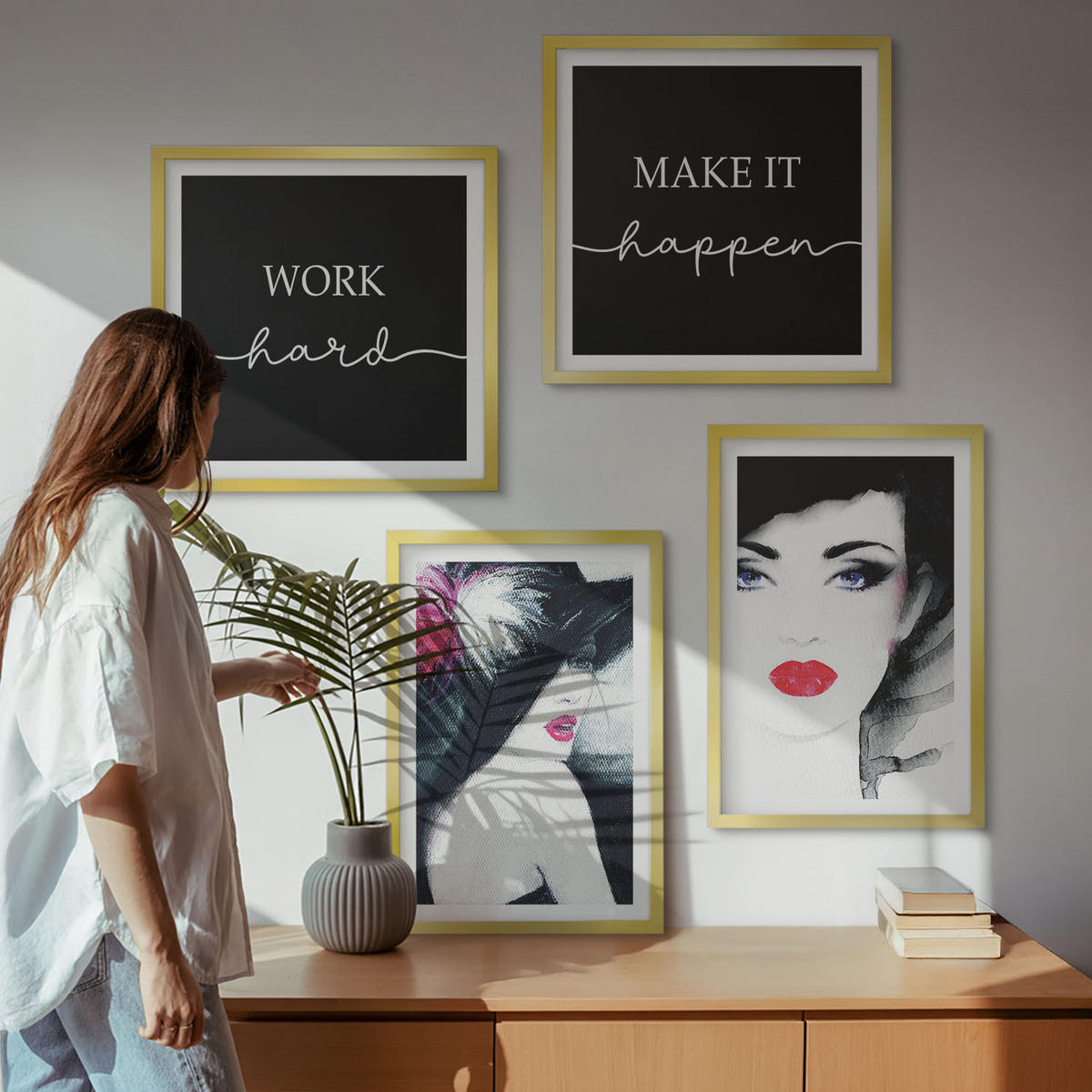 BILDER SET 4er Set - 50x50 cm & 40x60 cm Goldrahmen - Porträts von Frauen mit Lippen - Goldfarben, Kunststoff (50/50cm) - TULUP