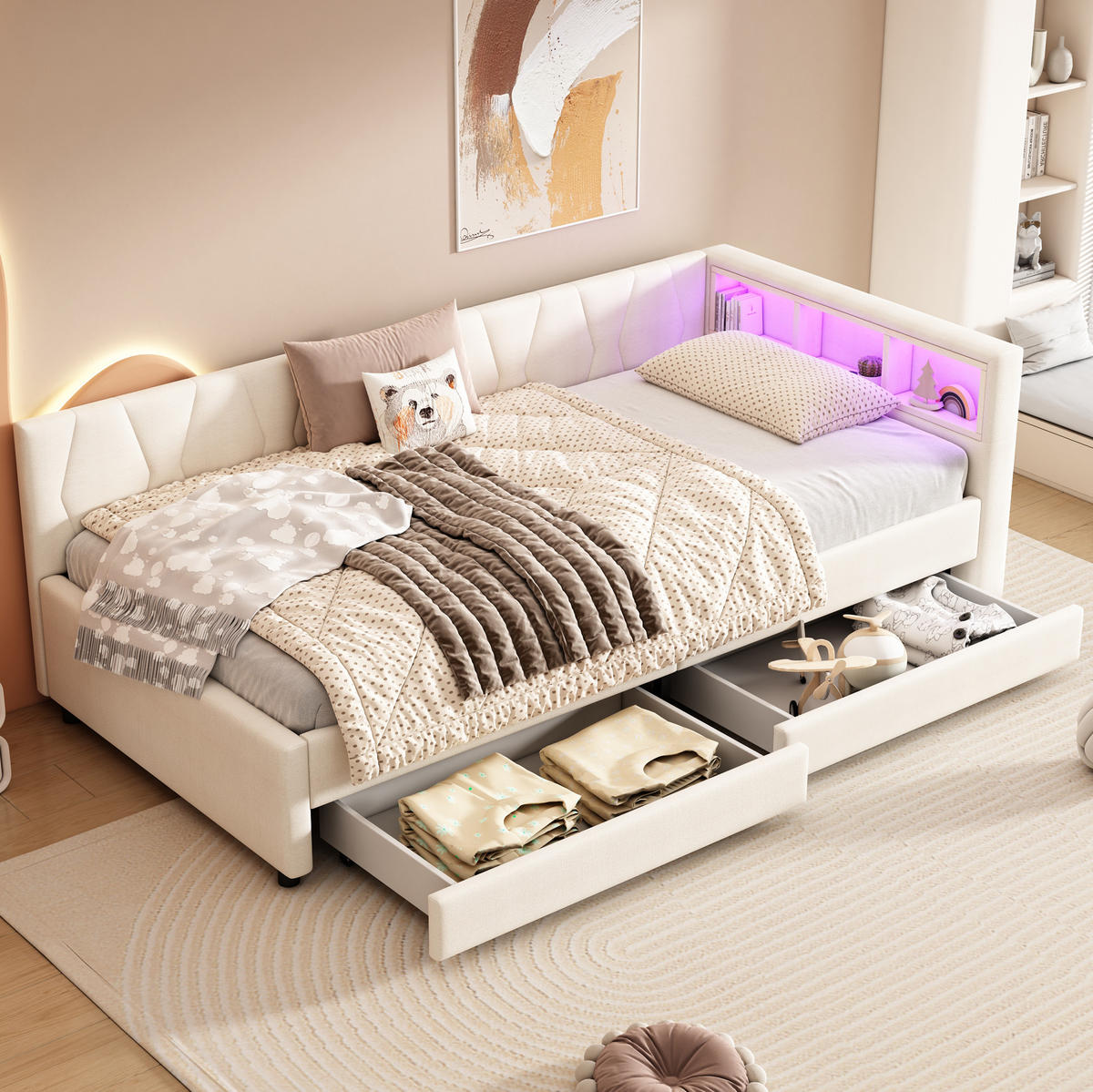 ČALÚNENÁ posteľ z ľanu a MDF 90x200 cm béžová s LED osvetlením, USB+Type C a úložným priestorom - béžová, textil (90/200cm) - Modfu