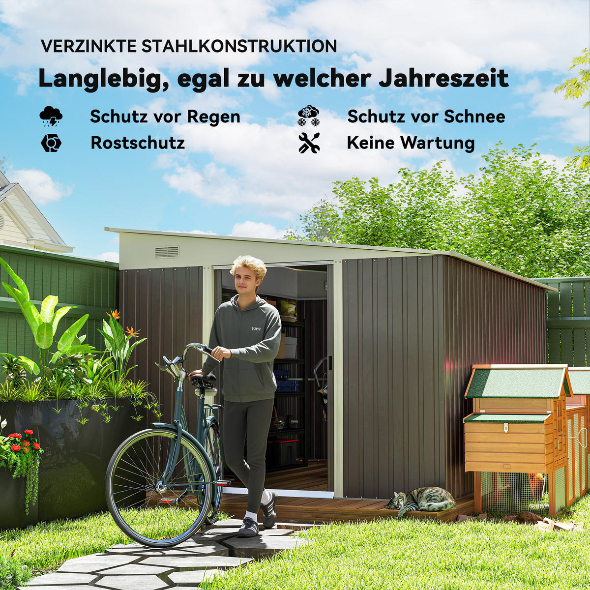 8,9 ㎡ Gerätehaus Stahl-Geräteschuppen Gartenhaus mit Pultdach, Schiebetür, Grau - Grau, Metall (345/201/280cm) - Outsunny