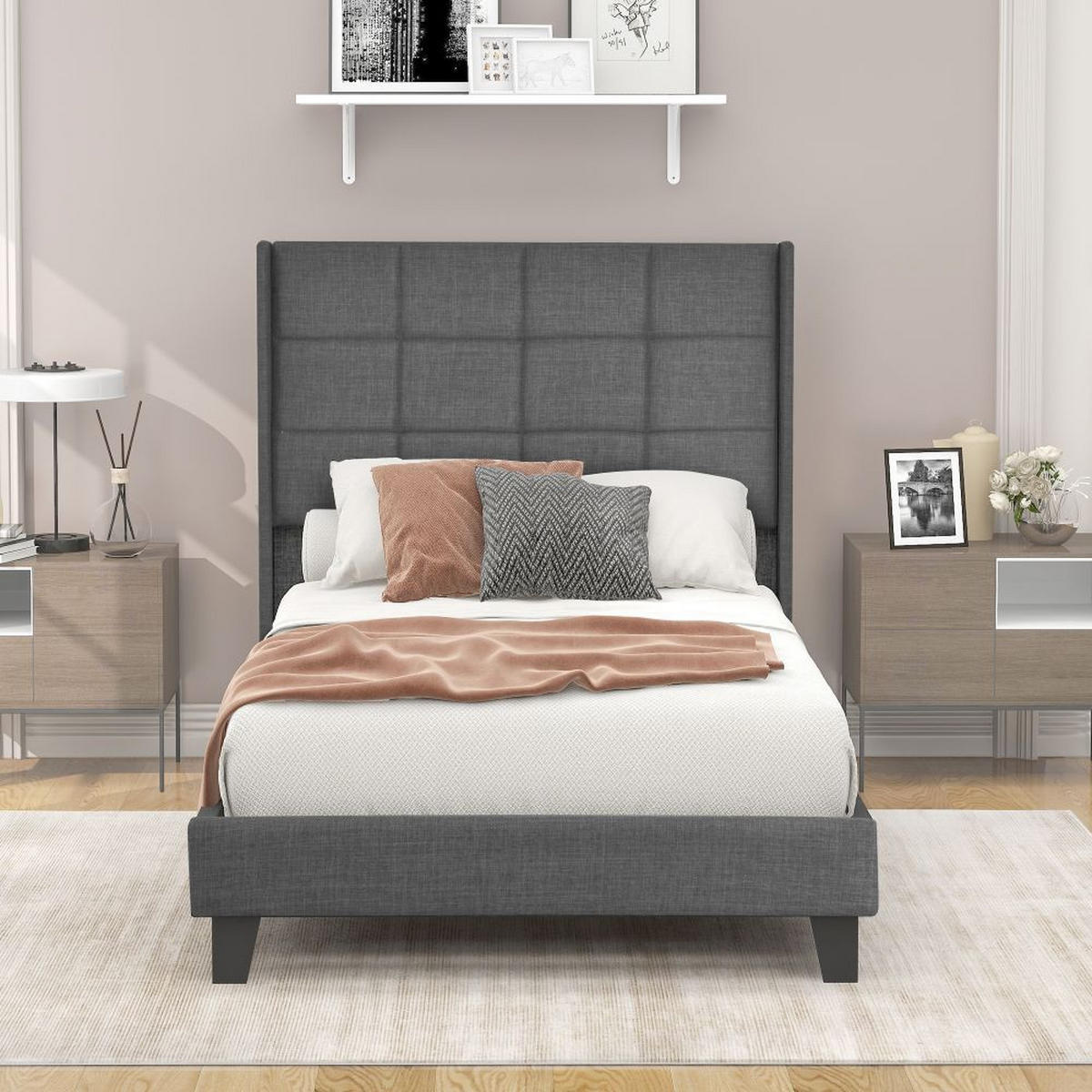 POLSTERBETT 90/200 cm in Grau mit Matratze - Grau, Holz/Textil (90/200cm) - KOMHTOM