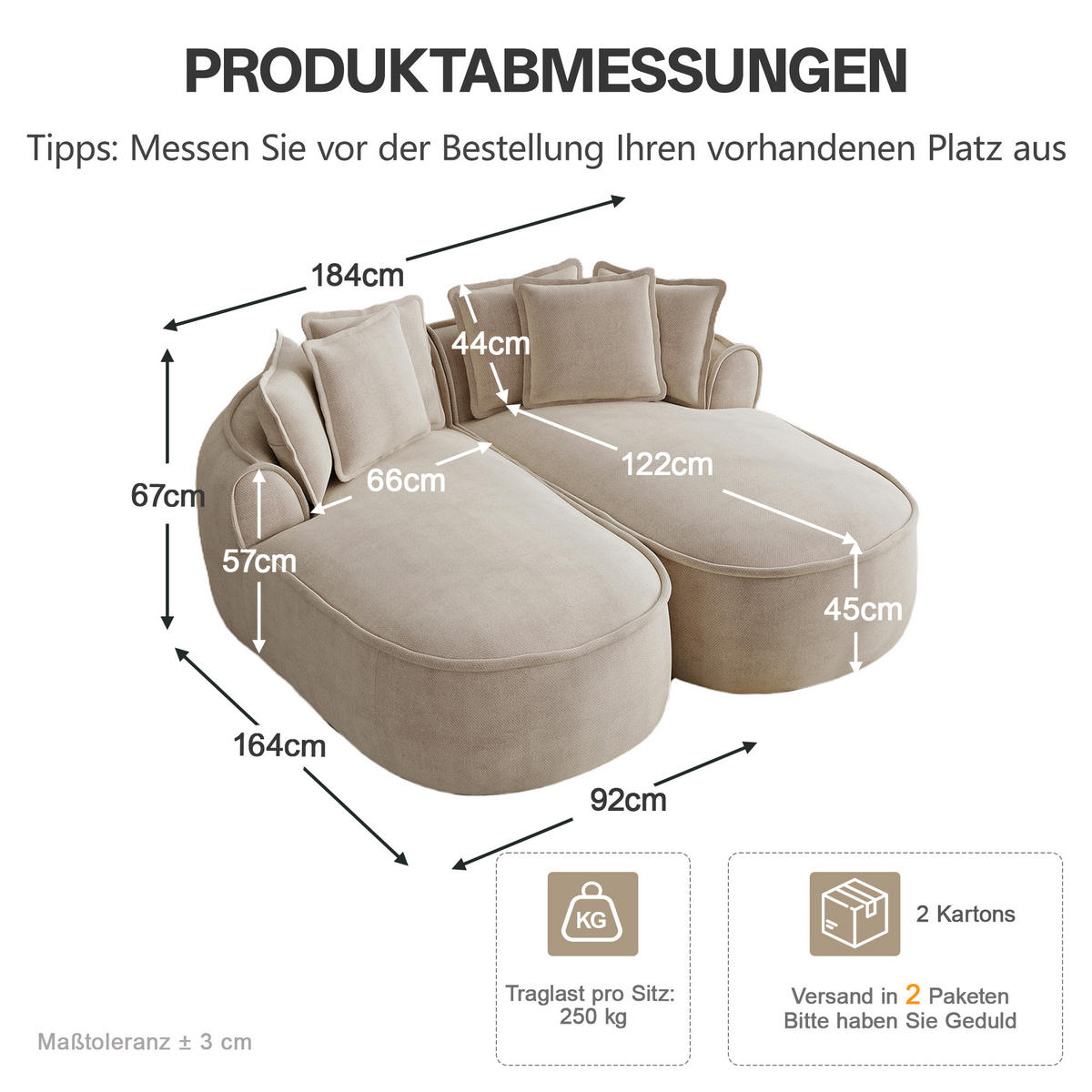 SCHLAFSOFA DE-34260 modular Hellbraun - Hellbraun, Textil (164/67/184cm) - ComfortXL