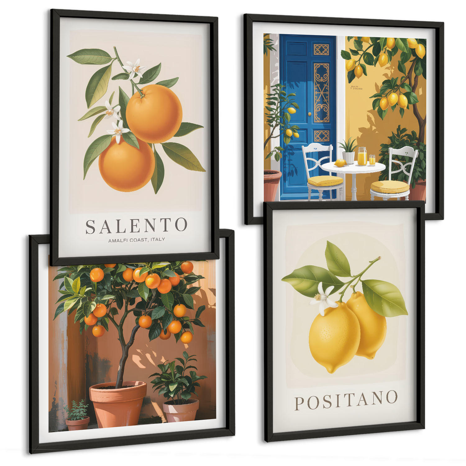 BILDER SET 4er Set - 50x50 cm & 40x60 cm Schwarzer Rahmen - Amalfi-Zitronen und -Orangen - Schwarz, Kunststoff (50/50cm) - TULUP