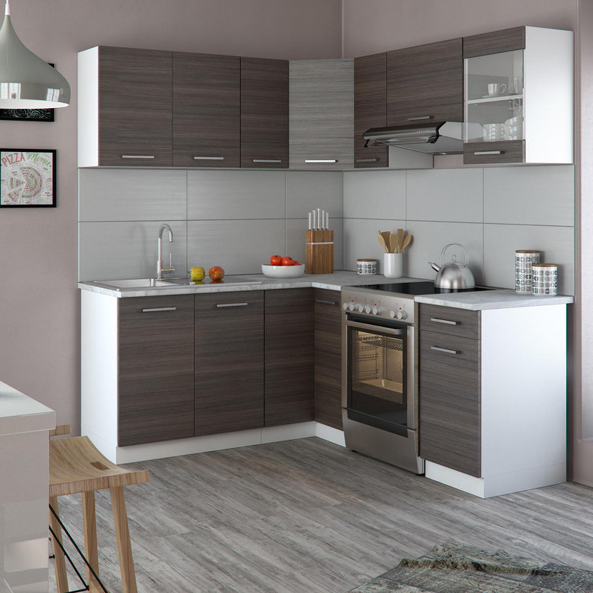 ECKKÜCHE Rick Weiß/Edelgrau 187 x 167 cm , AP Marmor - Braun/Weiß, Holzwerkstoff (190/81.6/60cm) - Vicco