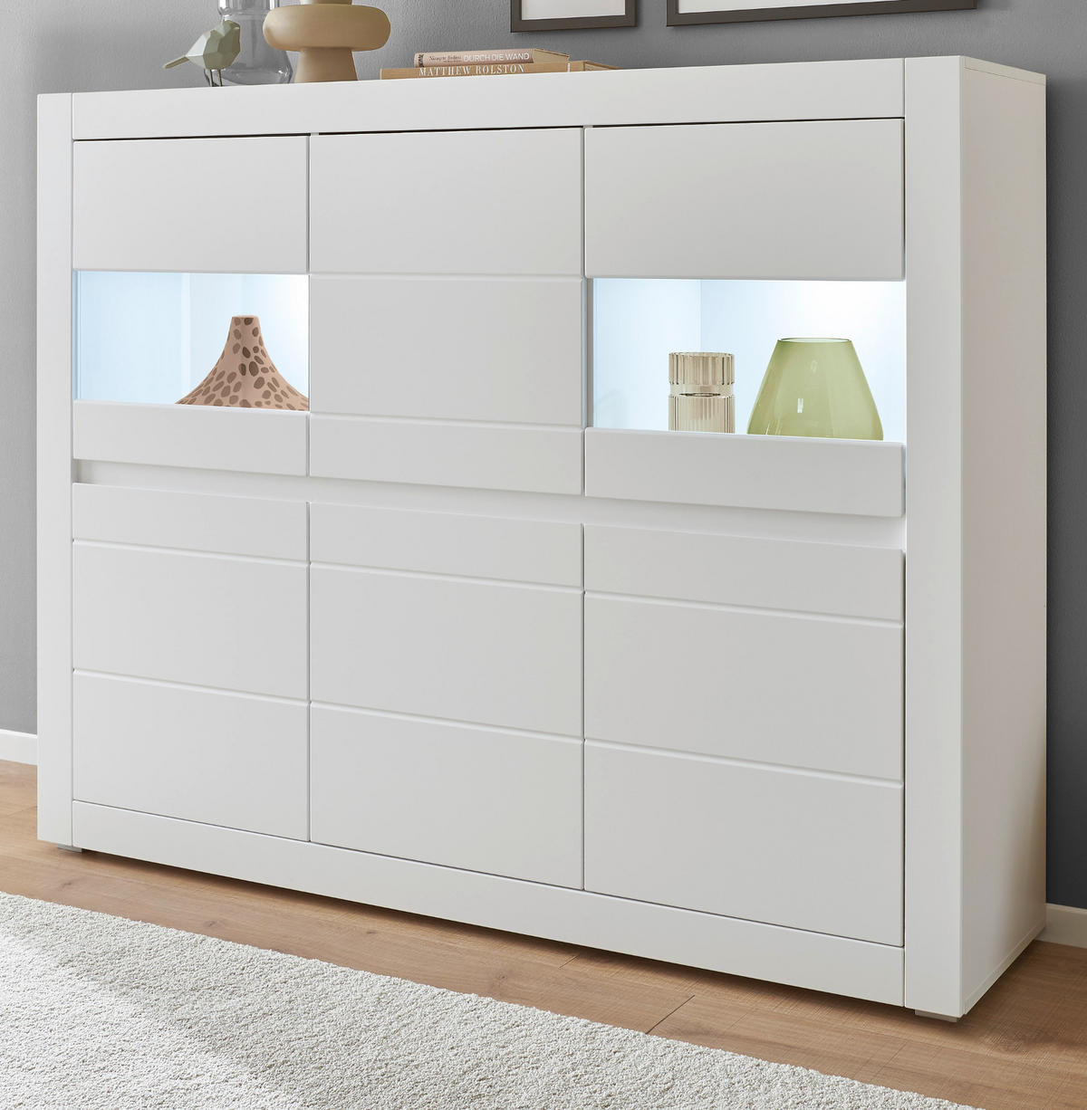 HIGHBOARD weiß matt, Evoke Eiche, Vitrine 165 x 132 cm, Soft-Close-Funktion - Eichefarben/Silberfarben, Holzwerkstoff/Kunststoff (165/132/42cm) - Furn.Design