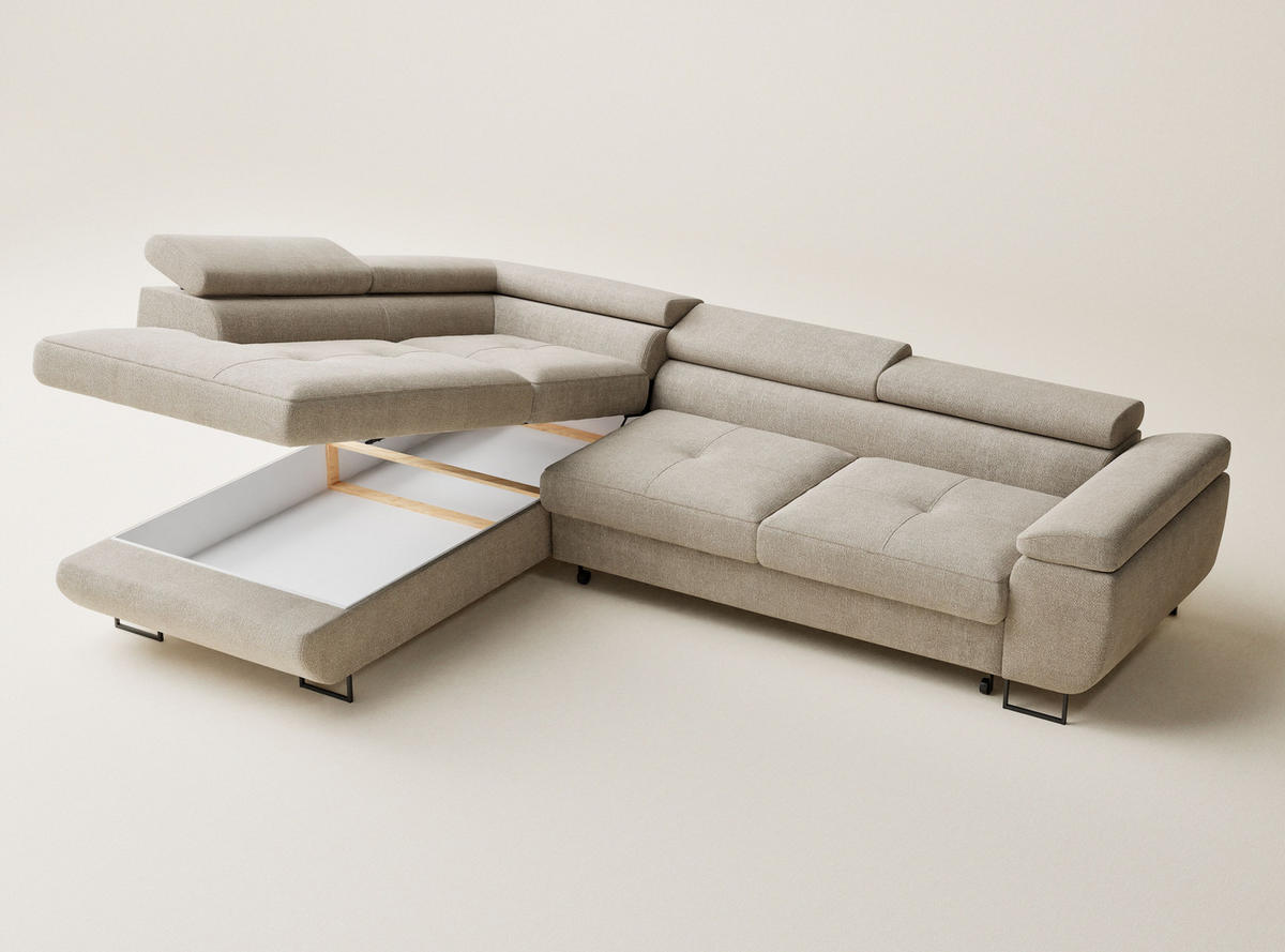 ECKSOFA Concord Beige Chenille-Stoff - Links Seite - Beige/Schwarz, Holz/Holzwerkstoff (203/277cm) - Maison de Reve