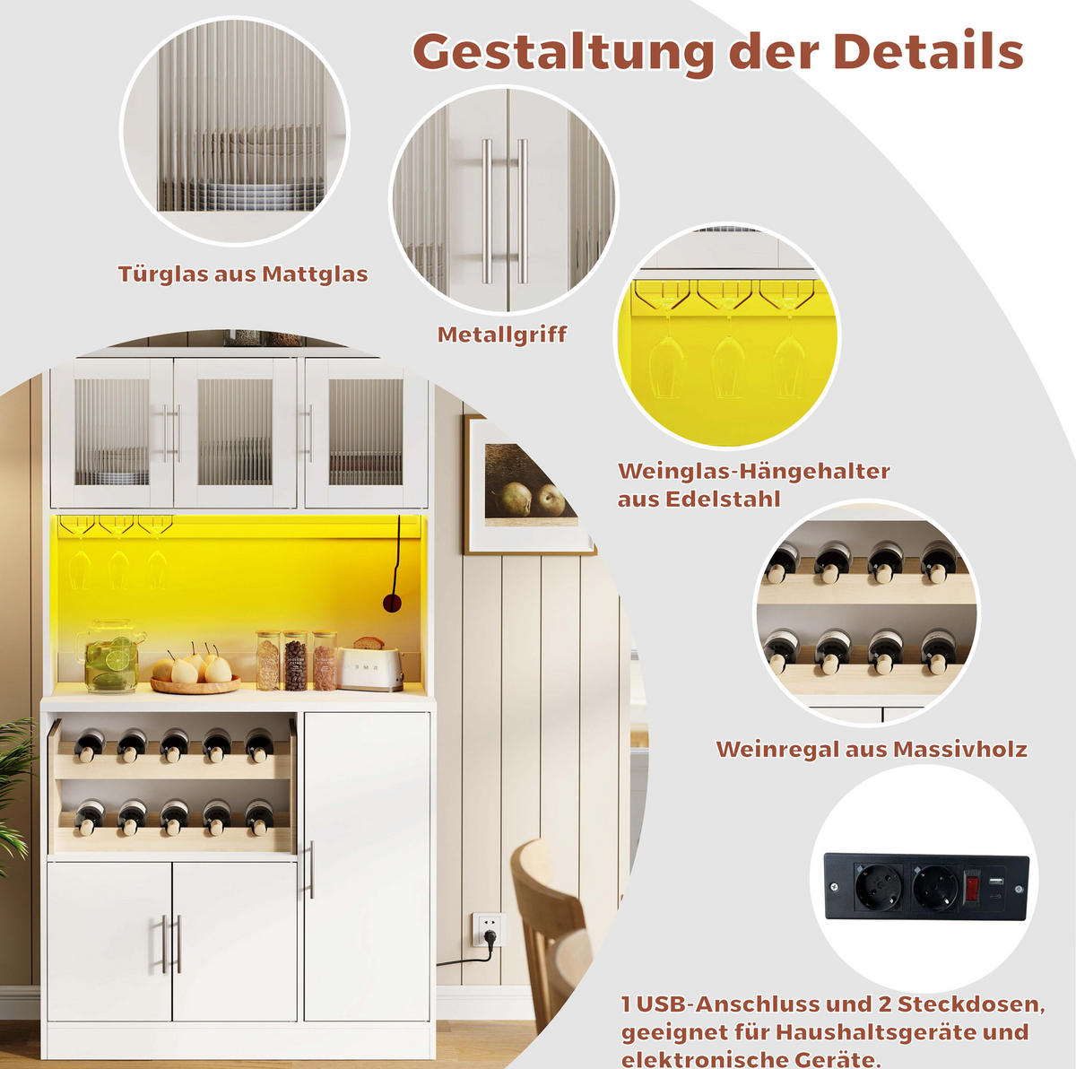BUFFETSCHRANK 100/40/180 cm aus MDF mit RGB-LED, Steckdose, Weinregal und Riffelglastüren, Weiß - Weiß, Holzwerkstoff (100/180/40cm) - Redom