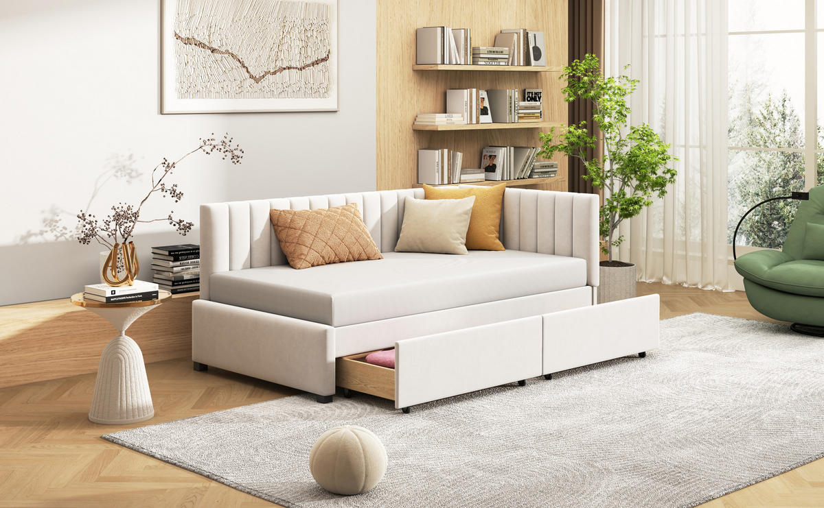 POLSTERBETT 90x200 cm Schubladen beige - Beige, Textil (90/200cm) - Fortuna Lai