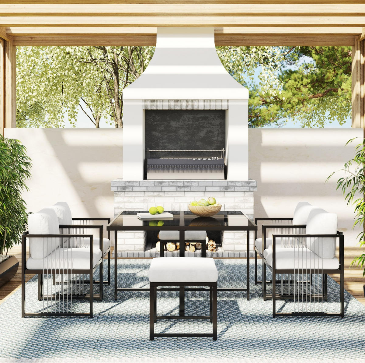 ZAHRADNÍ jídelní set z kovu a skla 117x117x73 cm černobílý pro 6 osob s odolnou konstrukcí - černá, kov - Modfu