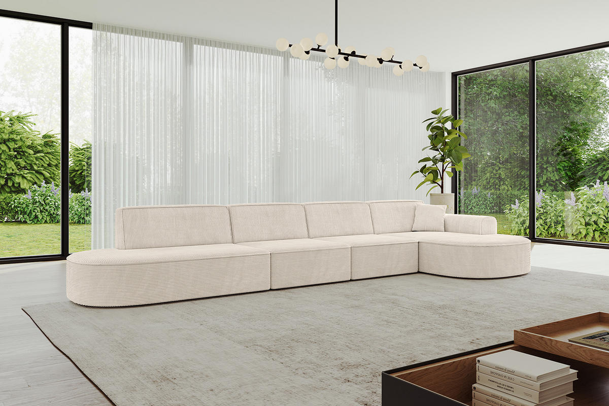 ECKSOFA Ottomane Rechts MARI-L3 - 402x163x73,5 cm Beige Cord - Beige/Schwarz, Holzwerkstoff/Kunststoff (402/163cm) - ALTDECOR