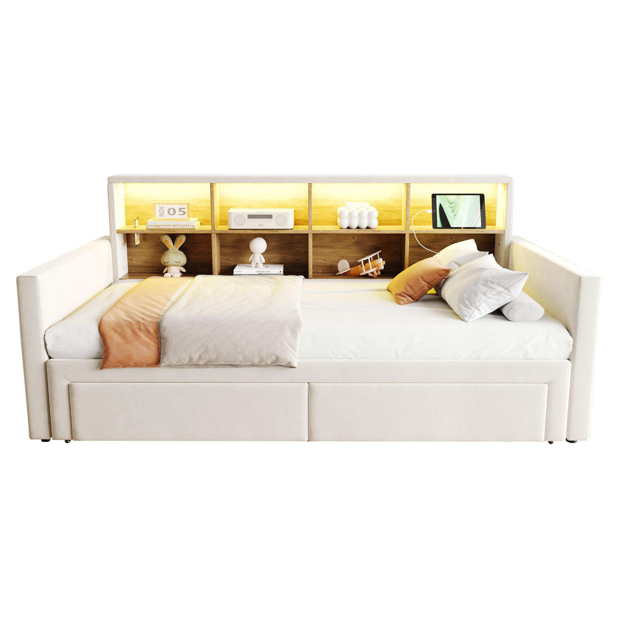 SCHLAFSOFA ausziehbar 90x190/180x190 cm Samt Beige mit Stauraum - Beige, Metall (90/190cm) - Meubliv