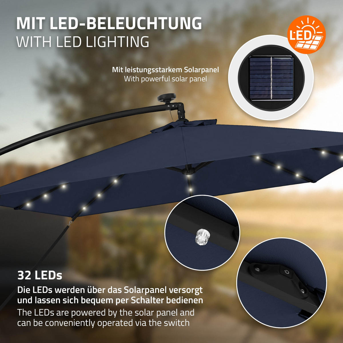 AMPELSCHIRM Ø 330 cm in Navy Blau aus Aluminium mit LED-Solar - Blau, Metall (330/330cm) - ML-DESIGN