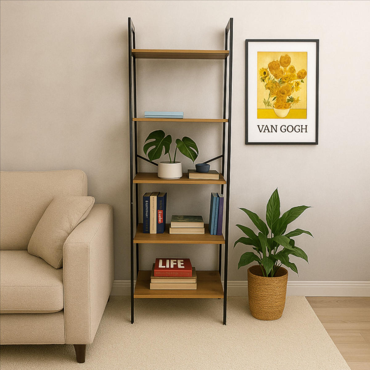 STANDREGAL Holzoptik Metall Erlefarben Schwarz 5 Ablagen 172×56×34 cm - Erlefarben/Schwarz, Holzwerkstoff/Metall (56/172/34cm) - Begryf