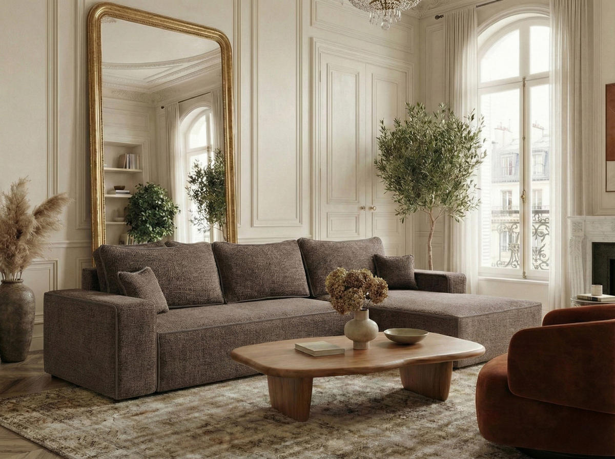 ECKSOFA MIT SCHLAFFUNKTION Modo Braun Chenille-Stoff - Rechts Seite - Schwarz/Braun, Holz/Holzwerkstoff (294/185cm) - Maison de Reve