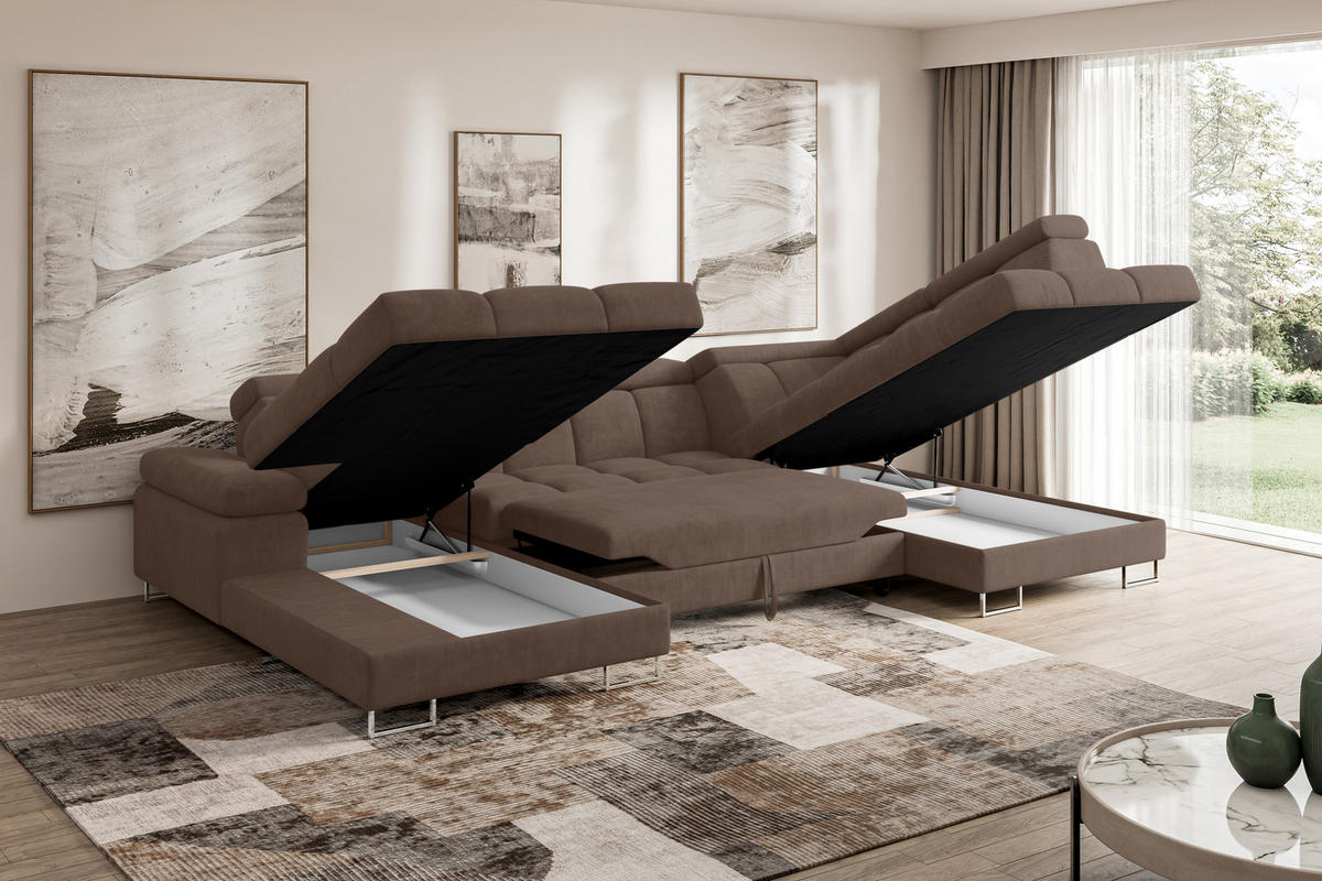 WOHNLANDSCHAFT mit Schlaffunktion und Bettkasten Ottomane RECHTS COMA U 345x203x79 Braun Velours - Braun, Holzwerkstoff/Textil (203/79/345cm) - ALTDECOR