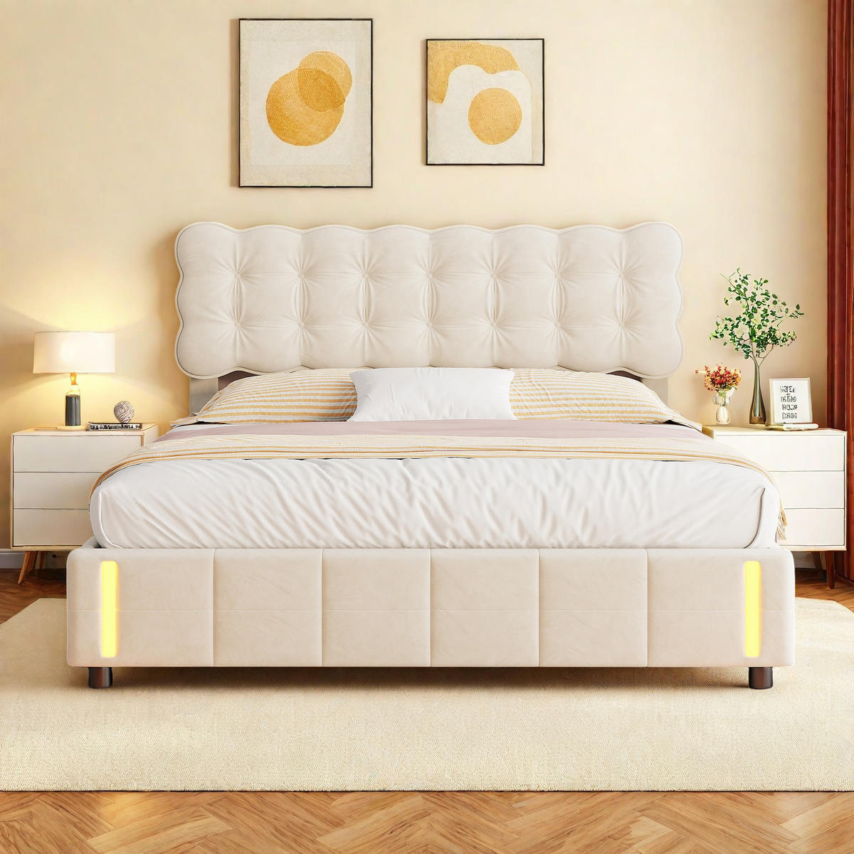 POLSTERBETT 160x200 cm LED Stauraum Hydraulik Lattenrost Samt beige - Beige, Holz (160/200cm) - LEBENLANG