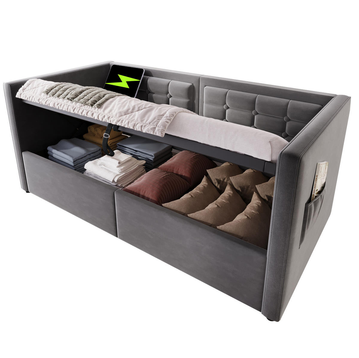 BETT 90/200 cm Grau mit Stauraum und USB- und Type-C-Anschlüssen - Grau, Textil (90/200cm) - Flora Grace