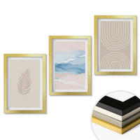 WANDBILDER 3er Set - 20x30 cm Goldrahmen - Blätterwellen beige blau - Goldfarben, Kunststoff (20/30cm) - ArtPrintCave