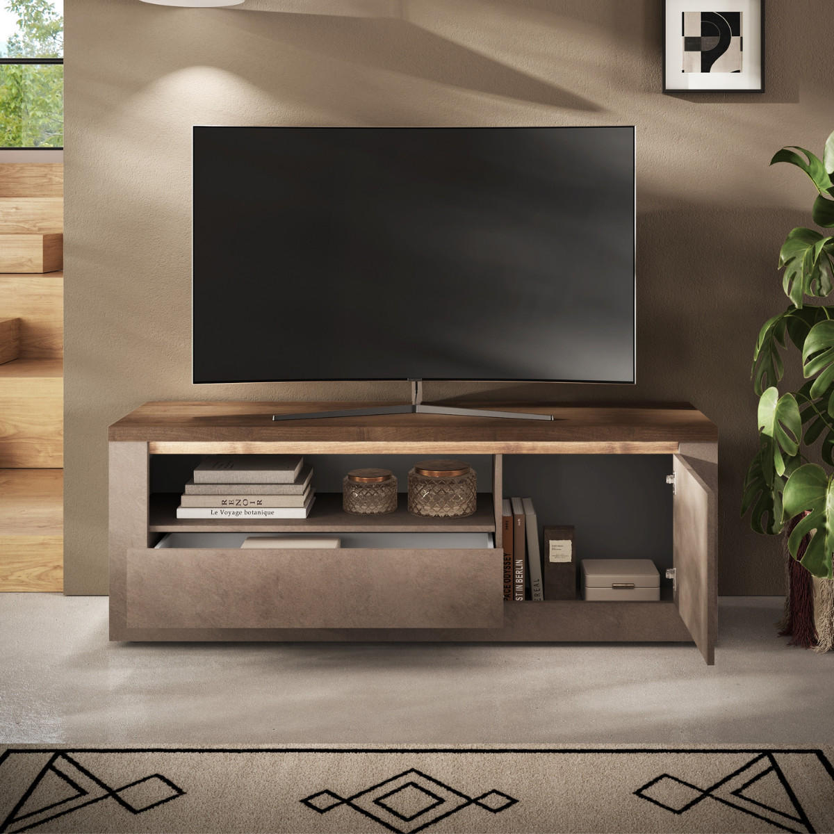 TV-MÖBEL mit 1 Tür 1 Schublade und 1 Nische in Bronze und Quecksilber-Effekt 43/260/58 cm - Braun, Holzwerkstoff (43/58/48cm) - Calicosy