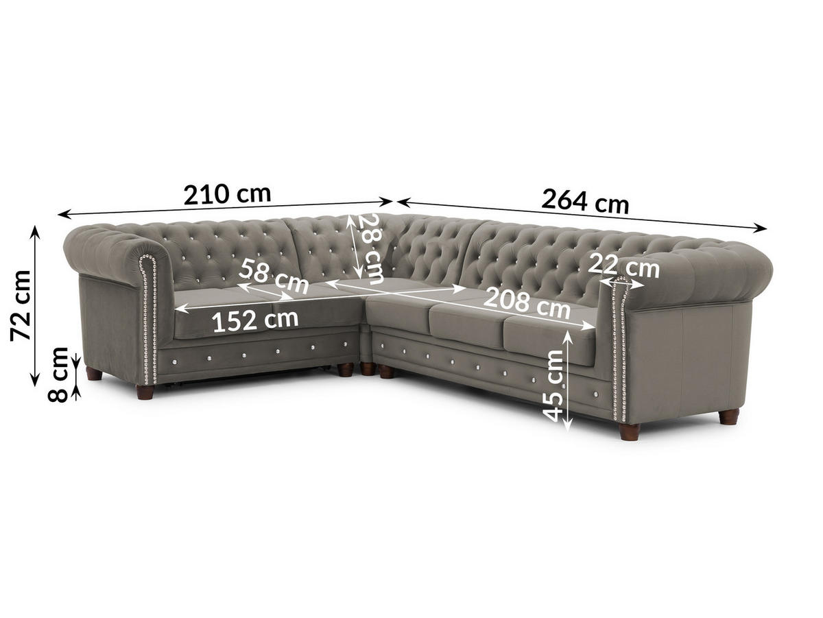 ECKSOFA mit Schlaffunktion Chesterfield Marineblau Samt mit Kristallsteppung und braunen Massivholzfüßen - Ottomane Links - Blau/Braun, Holz/Textil (264/210cm) - S-Style Möbel