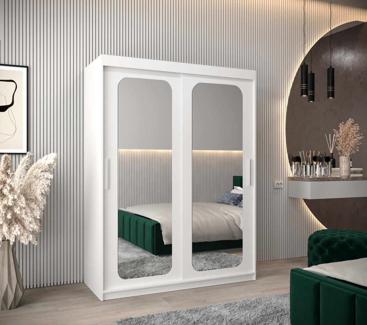 SCHWEBETÜRENSCHRANK 200/150/62 2-türig - Silberfarben/Weiß, Holz/Kunststoff (150/200/62cm) - MÖBEL KRYSPOL