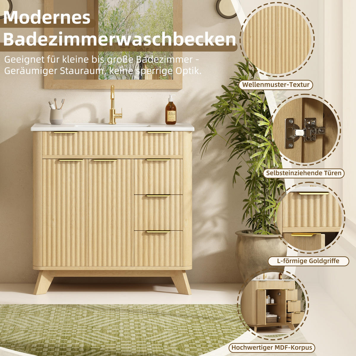 BADEZIMMERSCHRANK Wellenoptik Holzton 3 Schubladen 81cm - Naturfarben, Keramik (81/90/47cm) - FLIEKS