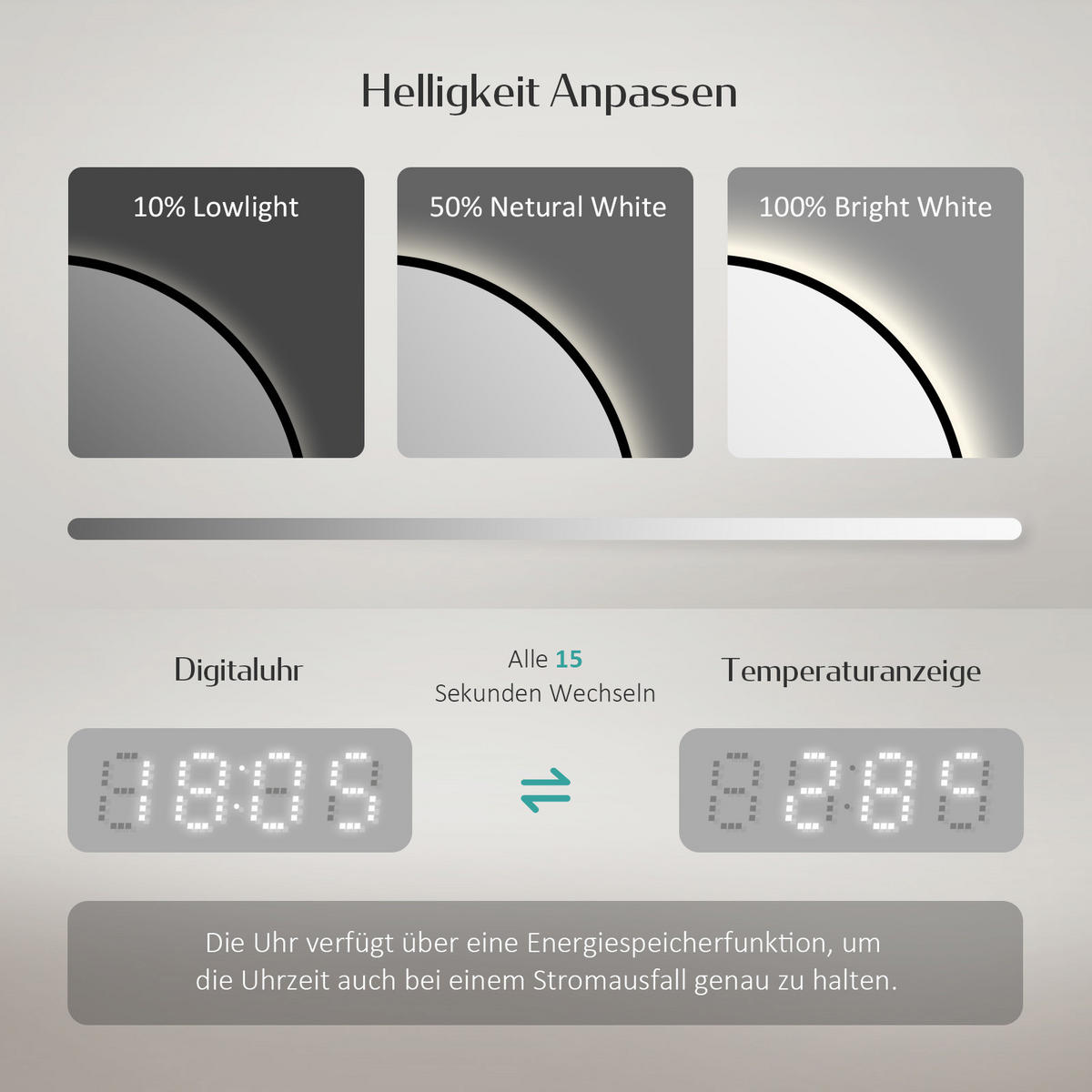 BADSPIEGEL Rund mit Beleuchtung Schwarz ф60 cm - Schwarz, Glas (60/3.1/60cm) - EMKE