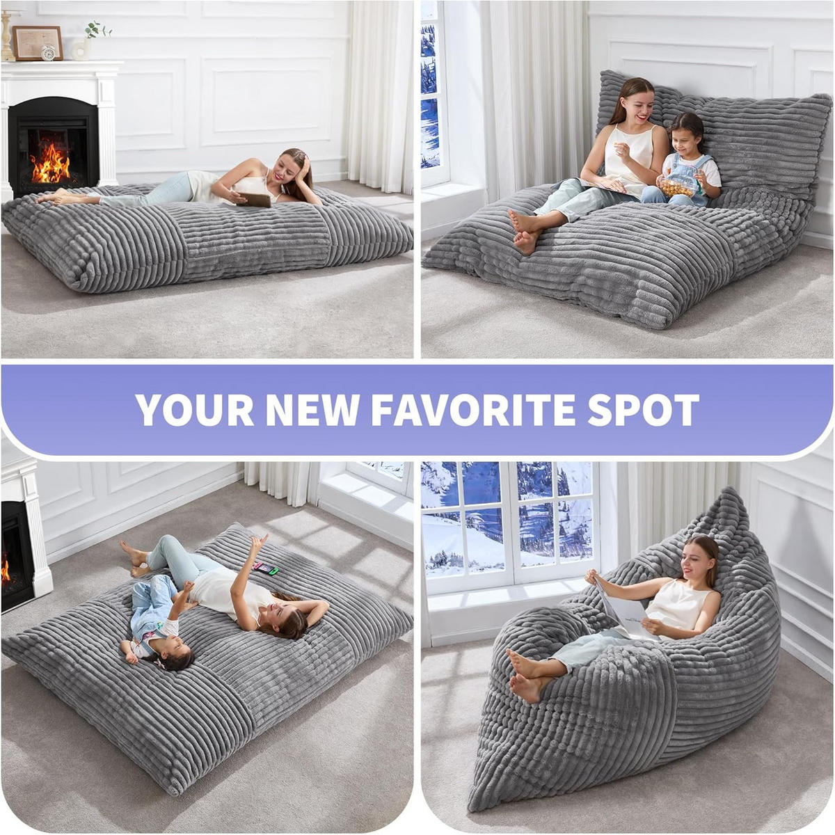 SITZSACK XXL 3-IN-1 aus Kordsamt als Sessel, Sofa und Bett - Hellgrau, Textil (180/25/125cm) - Urban Meuble