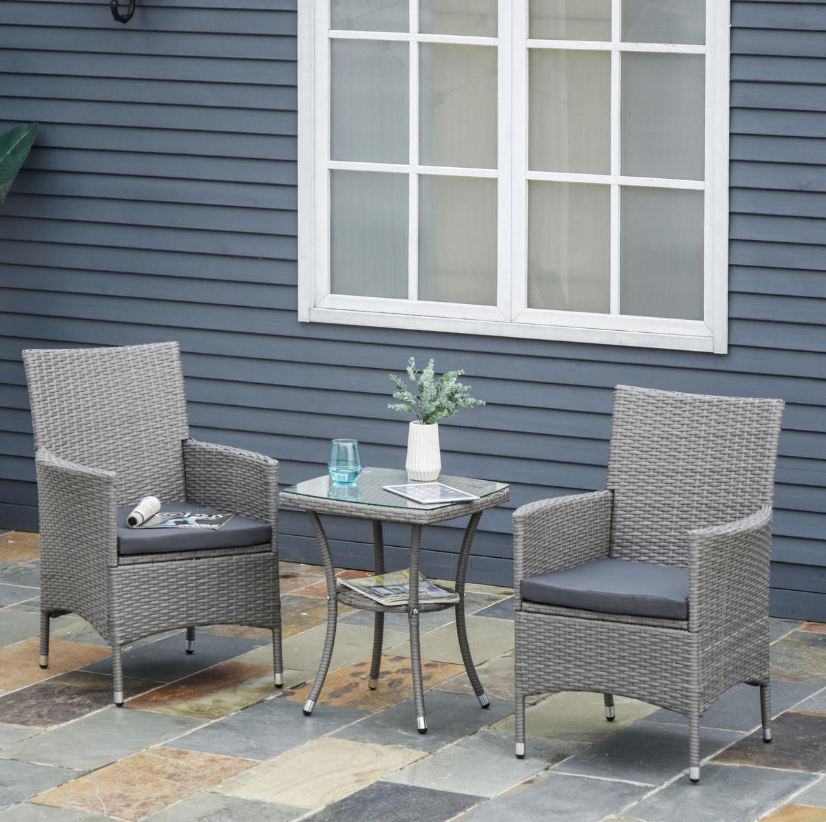 BISTRO set z ratanu 60x58,5x89,5 cm šedé s odkládacím stolkem, polstry - šedá, přírodní materiály - Modfu