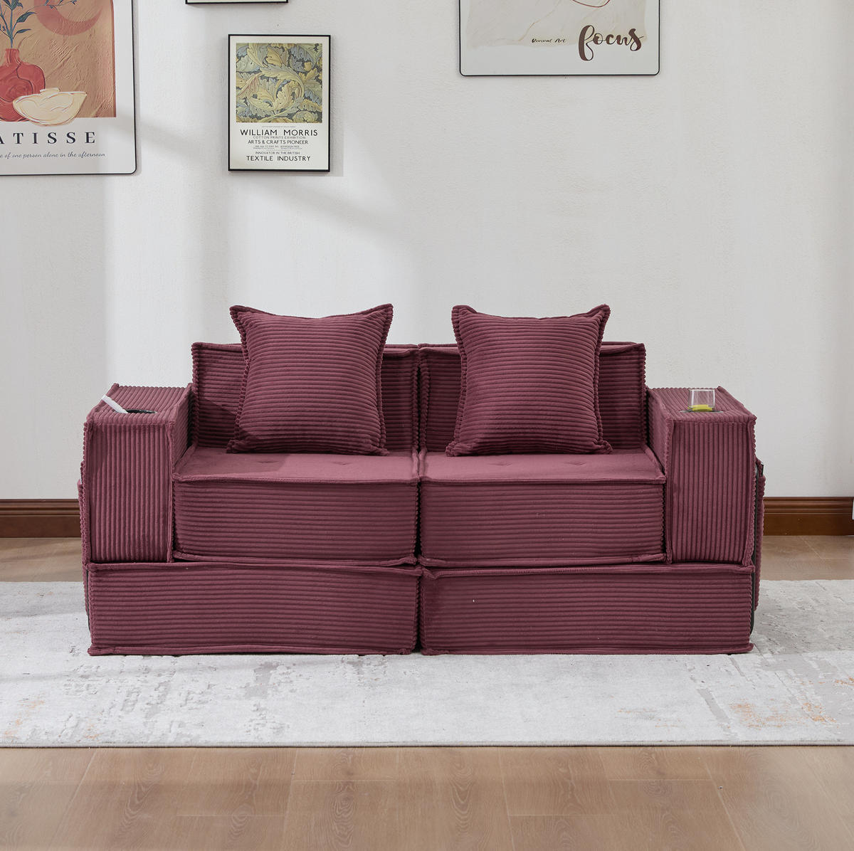 SOFA modular mit Seitentaschen 162 x 78 x 66 cm Cord Weinrot - Rot, Kunststoff (78/66/162cm) - Meubliv