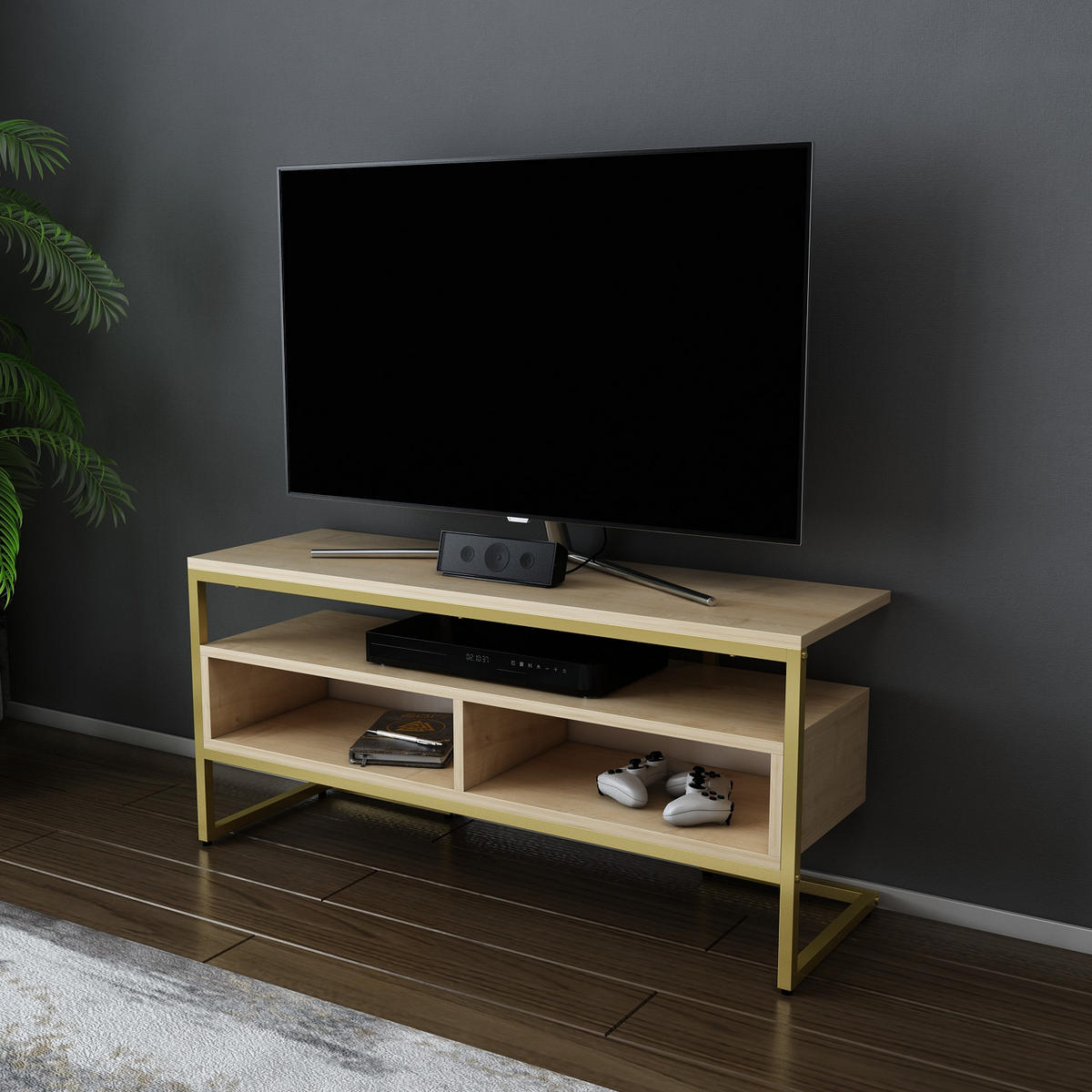 TV-ELEMENT Merrion Gold und Eiche Safir - Eichefarben/Goldfarben, Holzwerkstoff (111/51/35cm) - Decorotika