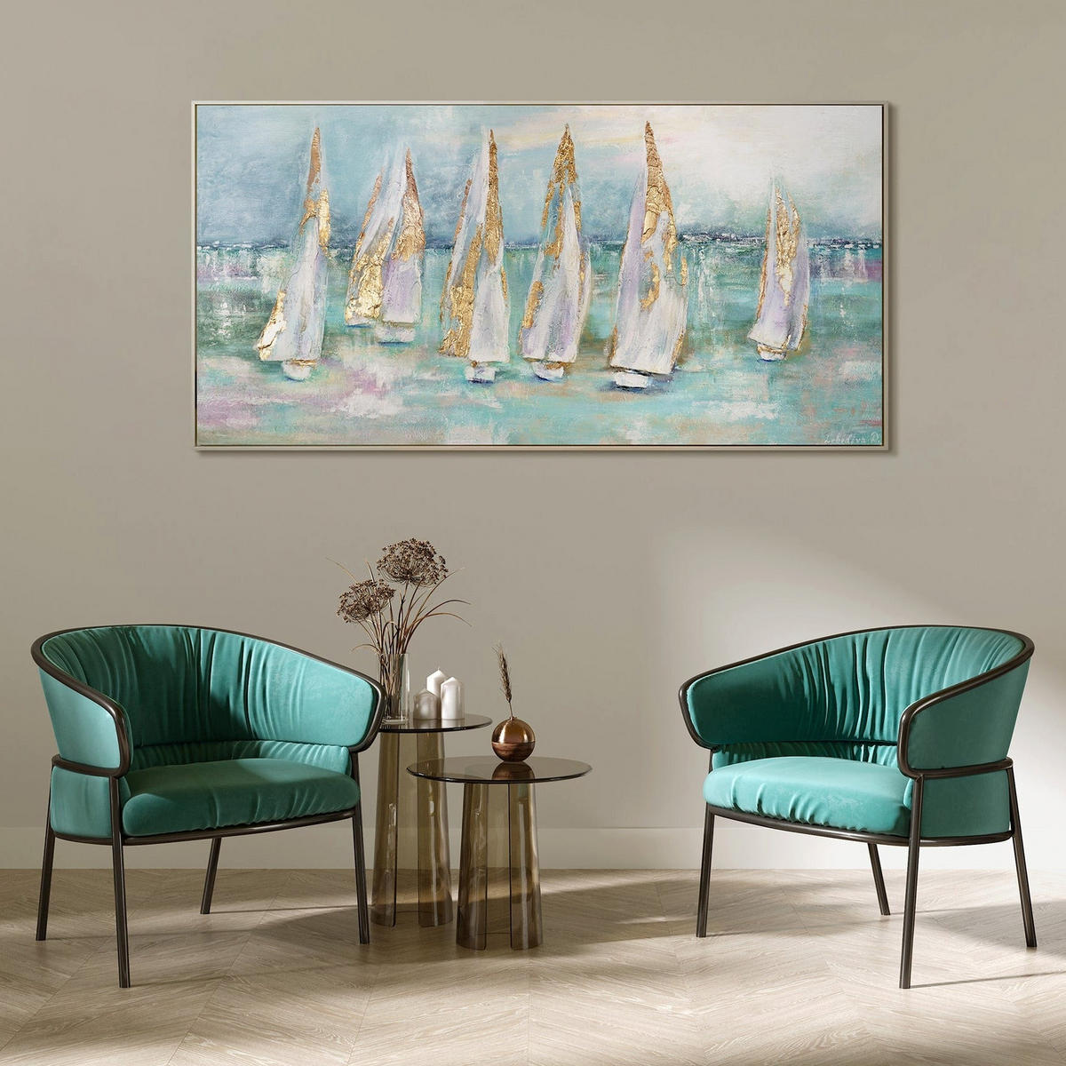 GEMÄLDE Segelboote Schattenfugenrahmen beige 200x100 cm - Beige, Holz (200/100cm) - YS-art gallery
