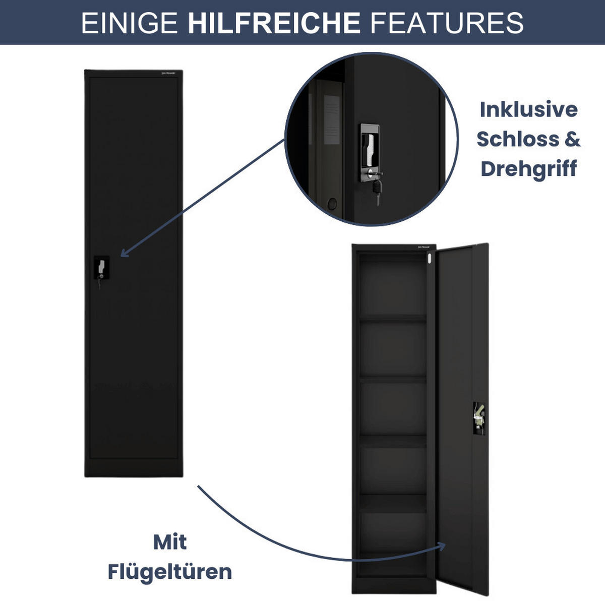 AKTENSCHRANK abschließbar KADO mit Flügeltüren 185x45x40cm Schwarz - Schwarz, Metall (45/185/40cm) - DELUKE