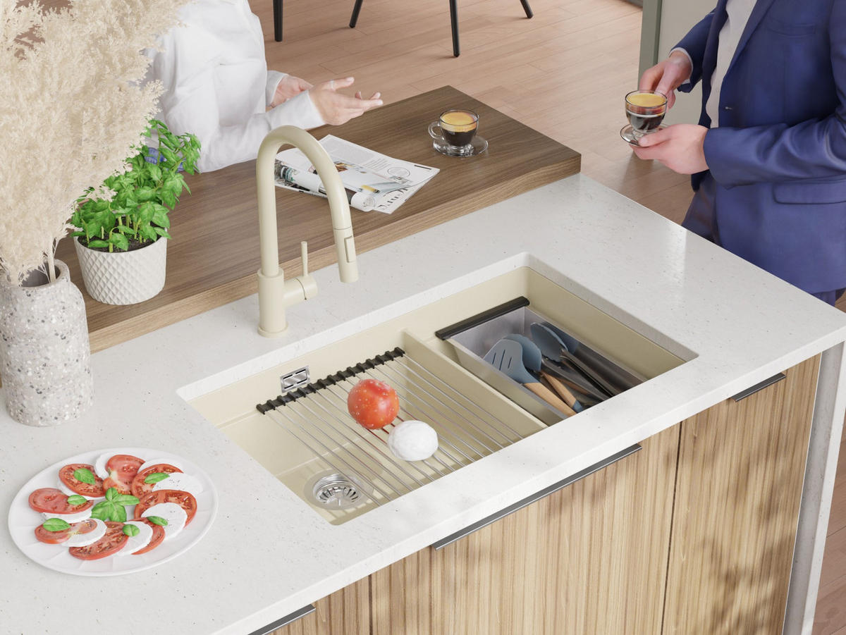 GRANITSPÜLE Praga Slim Duo, 2-er set Beige 76/47 cm 2 Becken + Küchenarmatur 32/20 cm + Ablauf-Set + Aufrollbare Abtropffläche ab 80er Unterschrank - Chromfarben/Beige, Kunststoff (76/20/47cm) - Primagran